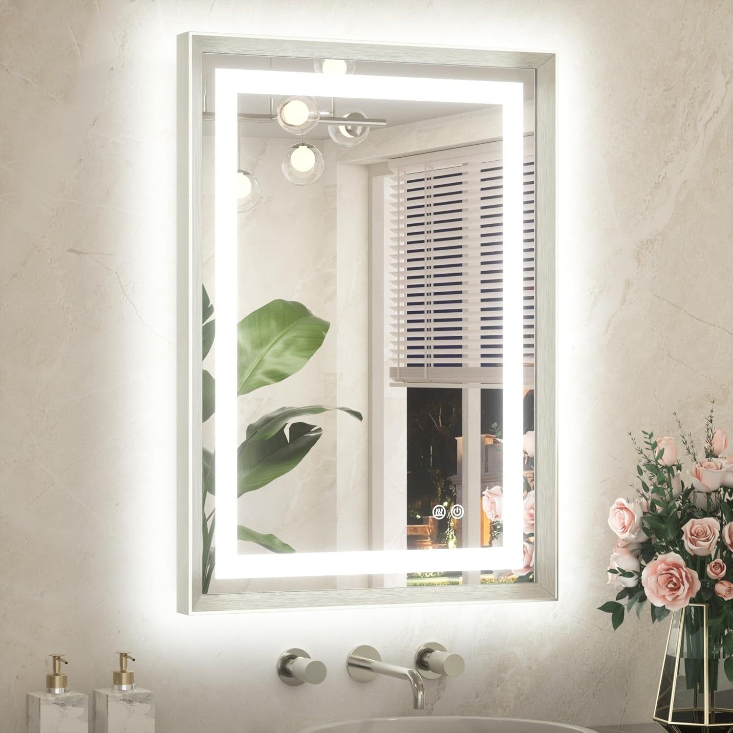 22 X 30 Bathroom LED Mirror Brushed Nickel Metal Frame Frontlit &amp; Backlit Vanity Mirror Anti-Fog Stepless Dimmable 3 Colors White/Warm/Natural Mirror with Lights Wall-Mounted
