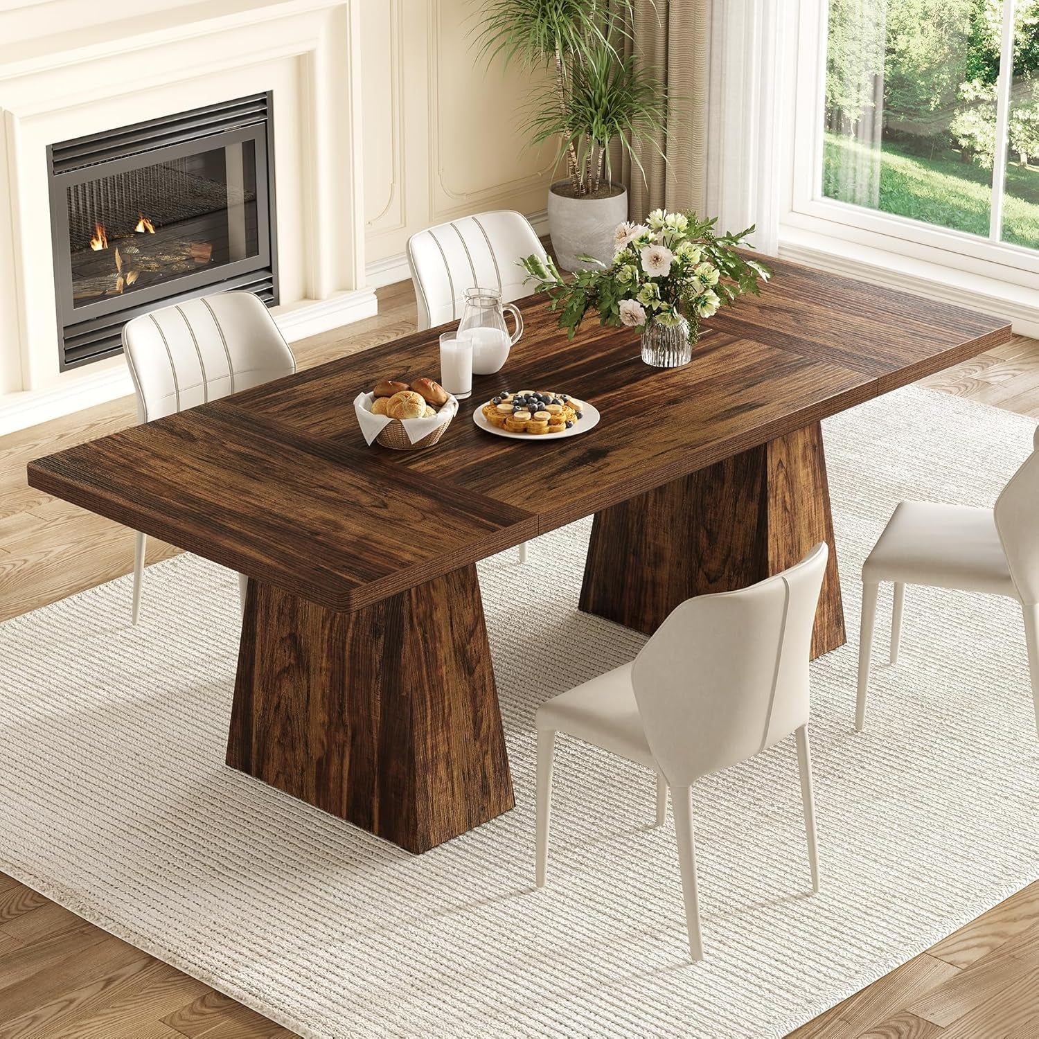 Dining Table for 6 People, Wooden Dining Table, Rectangle Table with Heavy Duty Legs, Modern Dining Table for Kitchen, Dining Room, Brown