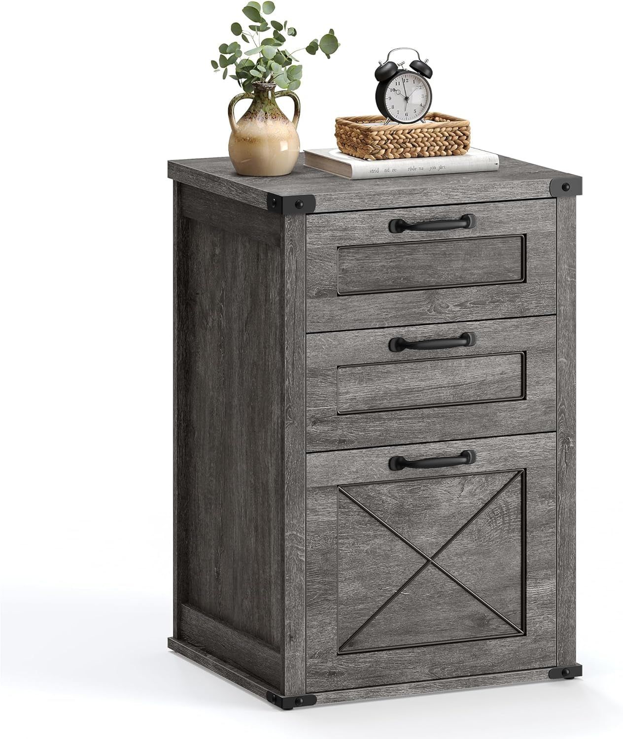 File Cabinet, Filing Cabinet with 3 Drawers, Printer Stand, Fit A4, Letter Size, Hanging File Folders, Modern Farmhouse Style, for Home Office, Misty Gray UOFC054G01