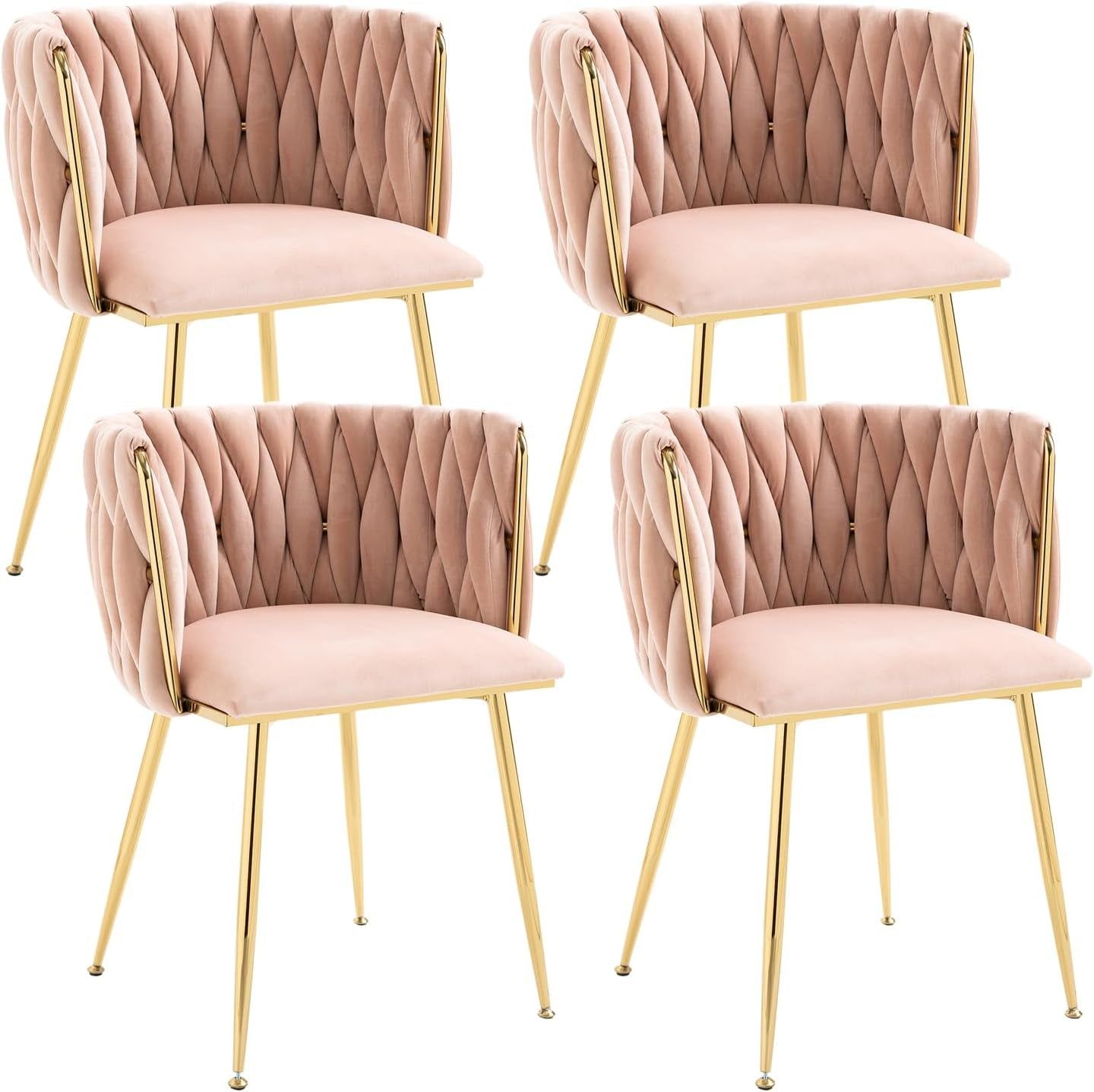 Velvet Dining Chairs Set of 4, Upholstered Dining Room Chairs with Gold Metal Legs, Luxury Tufted Dining Chairs for Living Room, Bedroom, Kitchen (Pink)