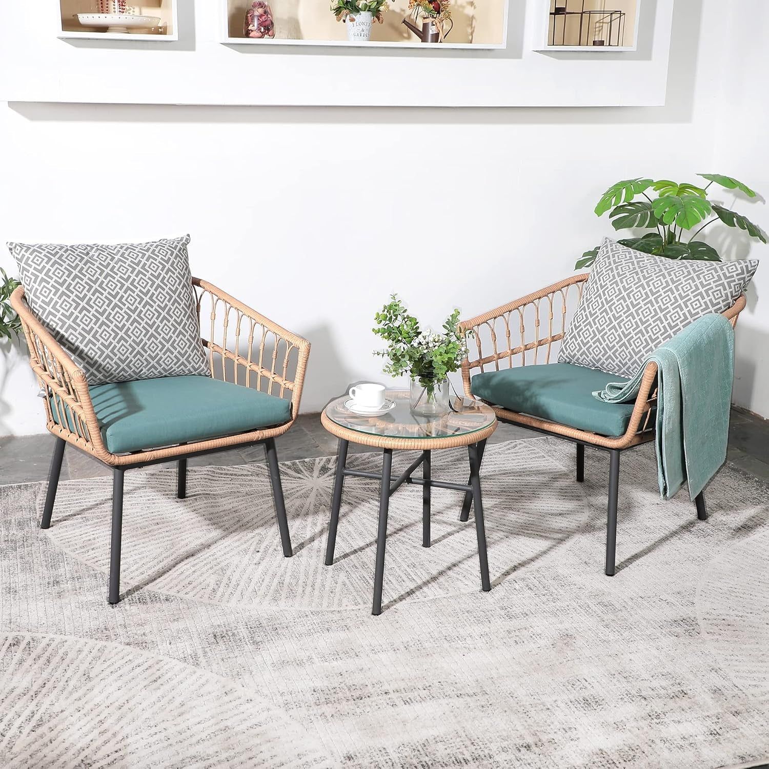 3 Piece Patio Furniture Outdoor Conversation Bistro Set with Tempered Coffee Table and Wicker Chairs for Garden Balcony Backyard Yard Poolside, Green (QX-MA-WF-001)