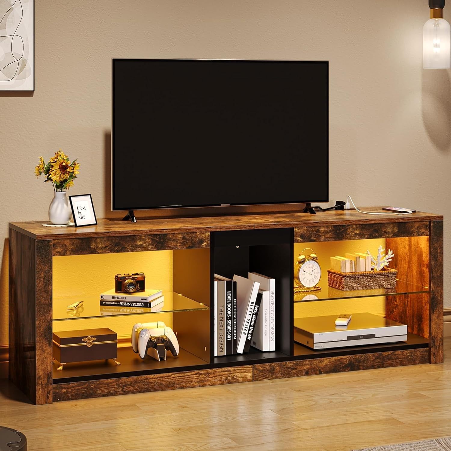 LED TV Stand W/Power Outlets for Tvs up to 55/60 Inch, Gaming Entertainment Center with Glass Shelves RGB Modes, Modern TV Stand for Living Room, TV Console with Storage, Rustic Brown