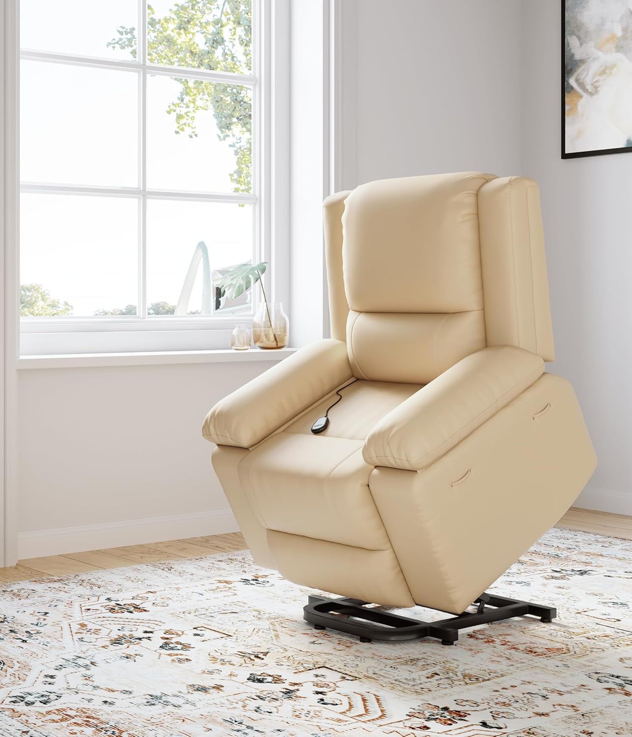 Oversized Faux Leather Power Lift Recliner W/Massage and Heat for Elderly, Recliner Chairs with Pockets for Living Room (Beige, Large)