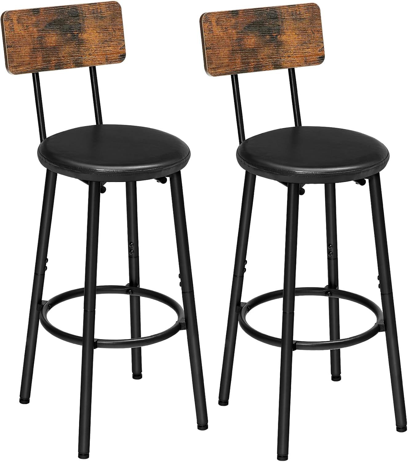 Bar Stools, Bar Stools Set of 2 with PU Upholstered, Bar Chairs with Footrest and Back, 26&quot; Bar Stools for Kitchen Island, Dining Room, Easy to Assemble, Rustic Brown and Black BF31BY01G1