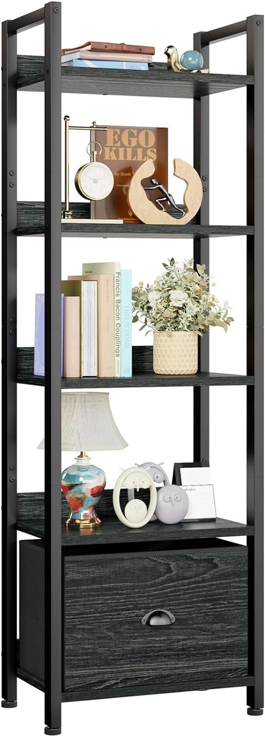 5 Tier Bookshelf with Drawer, Kitchen Bakers Rack with Storage, Tall Narrow Bookcase, Industrial Free Standing Display Shelf, Wood and Metal Book Shelf for Bedroom, Living Room, Black