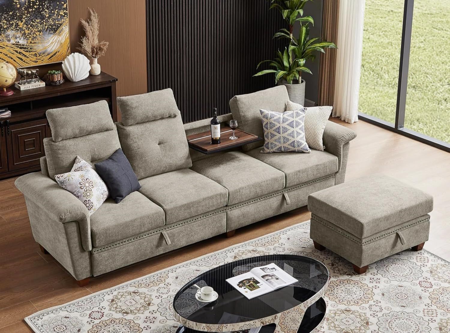 Convertible Sectional Sofa with Storage, 4 Seat L Shaped Couch with Chaise and Cup Holder, Modern Microfiber Fabric Sofas Couches for Living Room, Apartment, Office (Beige)