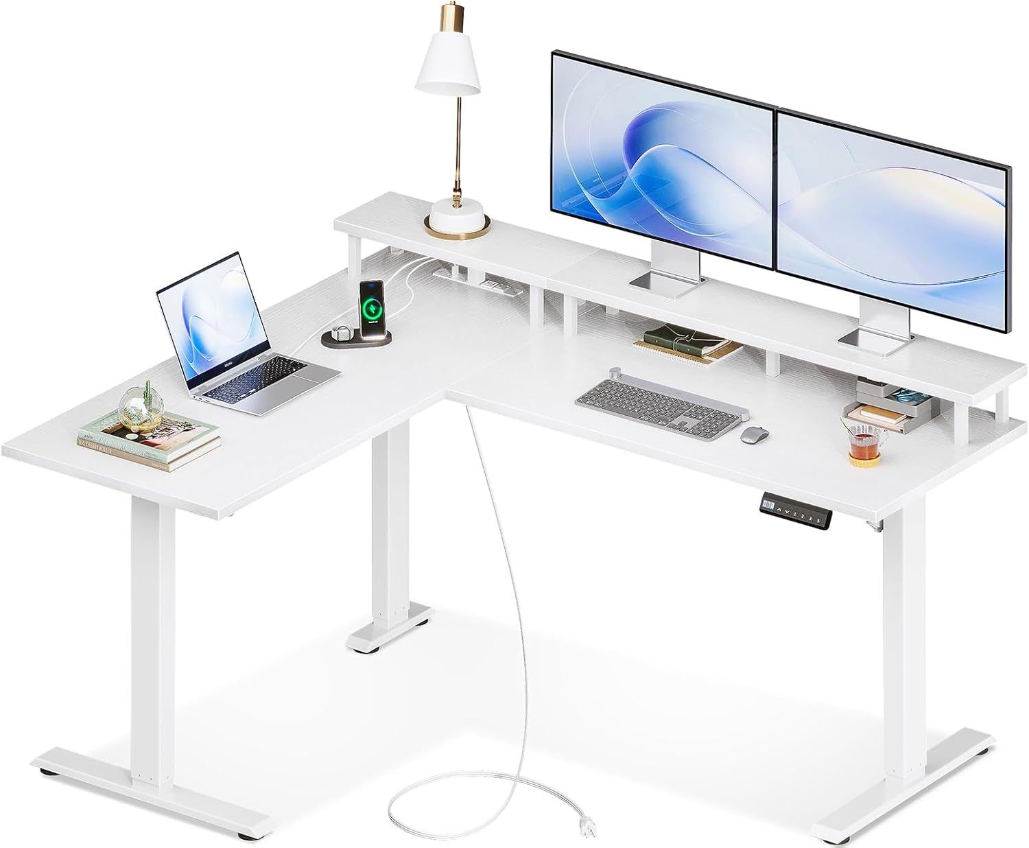 Electric L-Shaped Standing Desk, 59 Inch Height Adjustable Office Desk with Monitor Stand, Sit-Stand Desk with Power Outlets, Large Lift Table for Home, Office, Workstation, White
