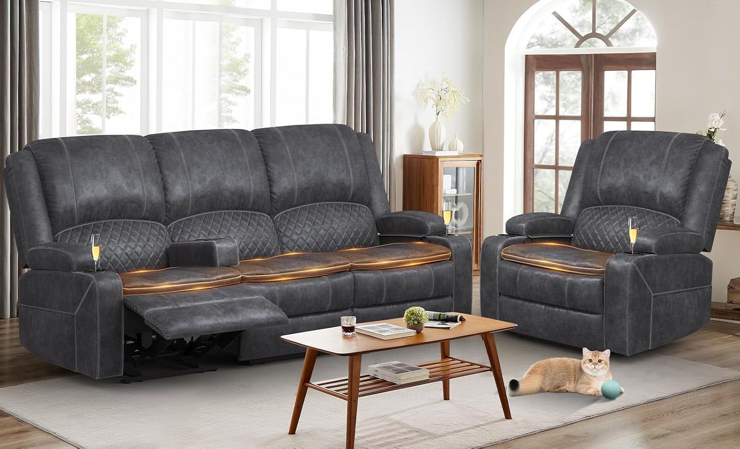 3 Seater Recliner Sofa Set with 2-Tier Cushion, 3+1 Pieces in Living Room, 3 Seater Reclining Couch Dutch Velvet with Removable Console, 1 Oversize Recliner Chair Sofa Seat - Grey