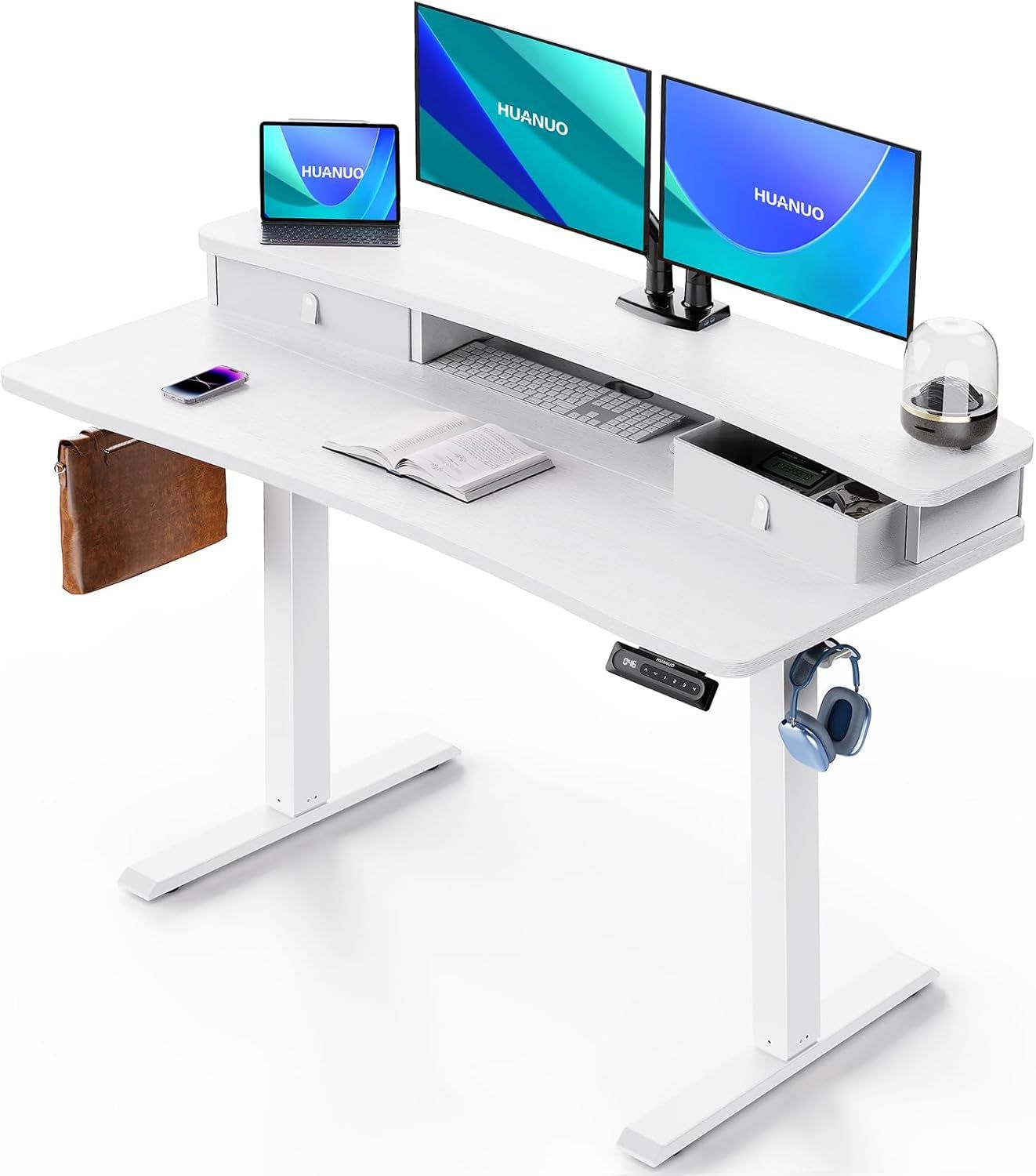 48″ X 24″ Electric Standing Desk with 2 Drawers, C-Clamp Mount Compatible, Height Adjustable Computer Desk, Home Office Stand up Desk with 4 Preset Heights &amp; 2 Hooks, White