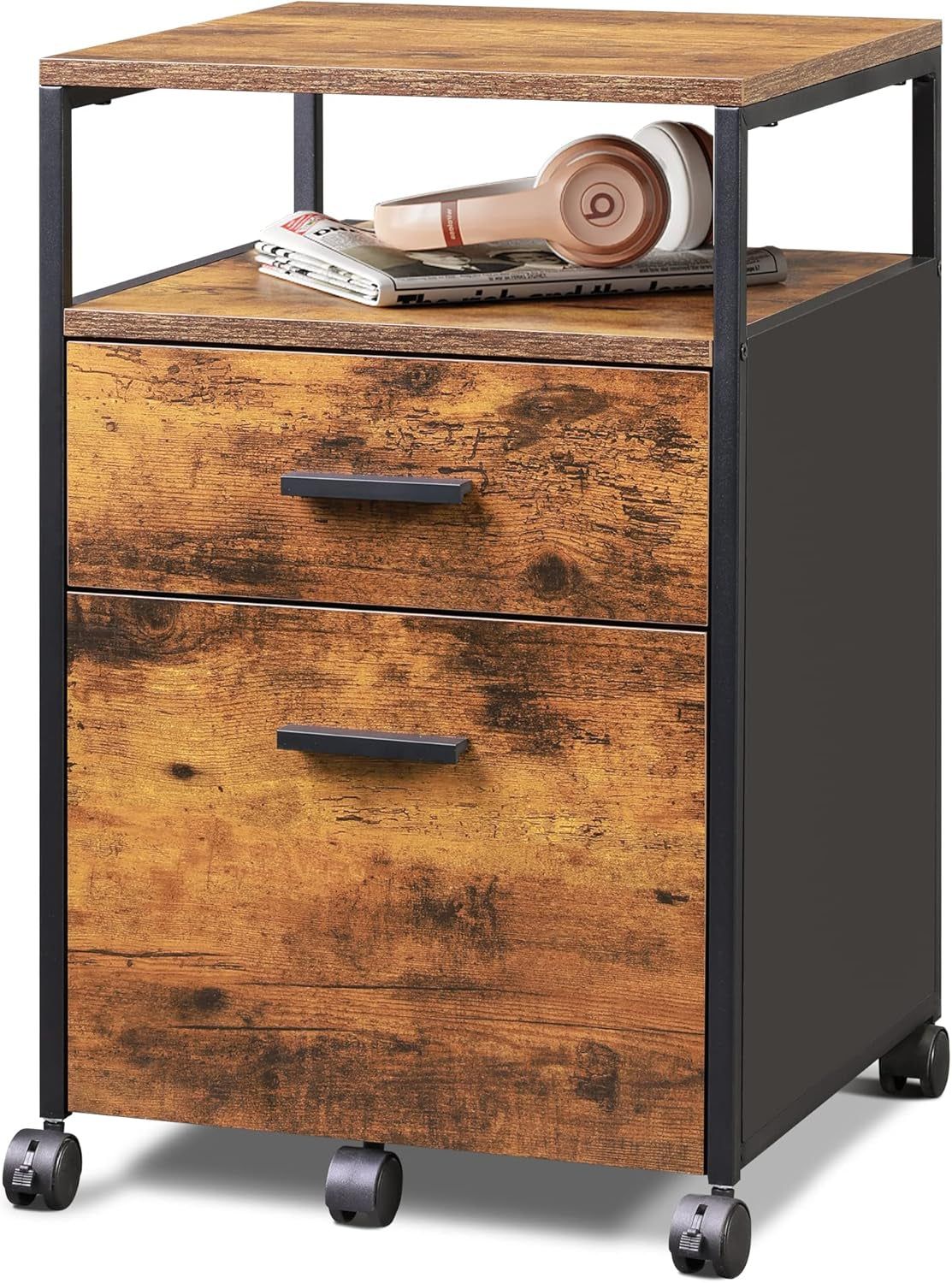 2 Drawer File Cabinet, Mobile Printer Stand with Open Storage Shelf, Wood Filing Cabinet Fits A4 or Letter Size for Home Office, Rustic Brown