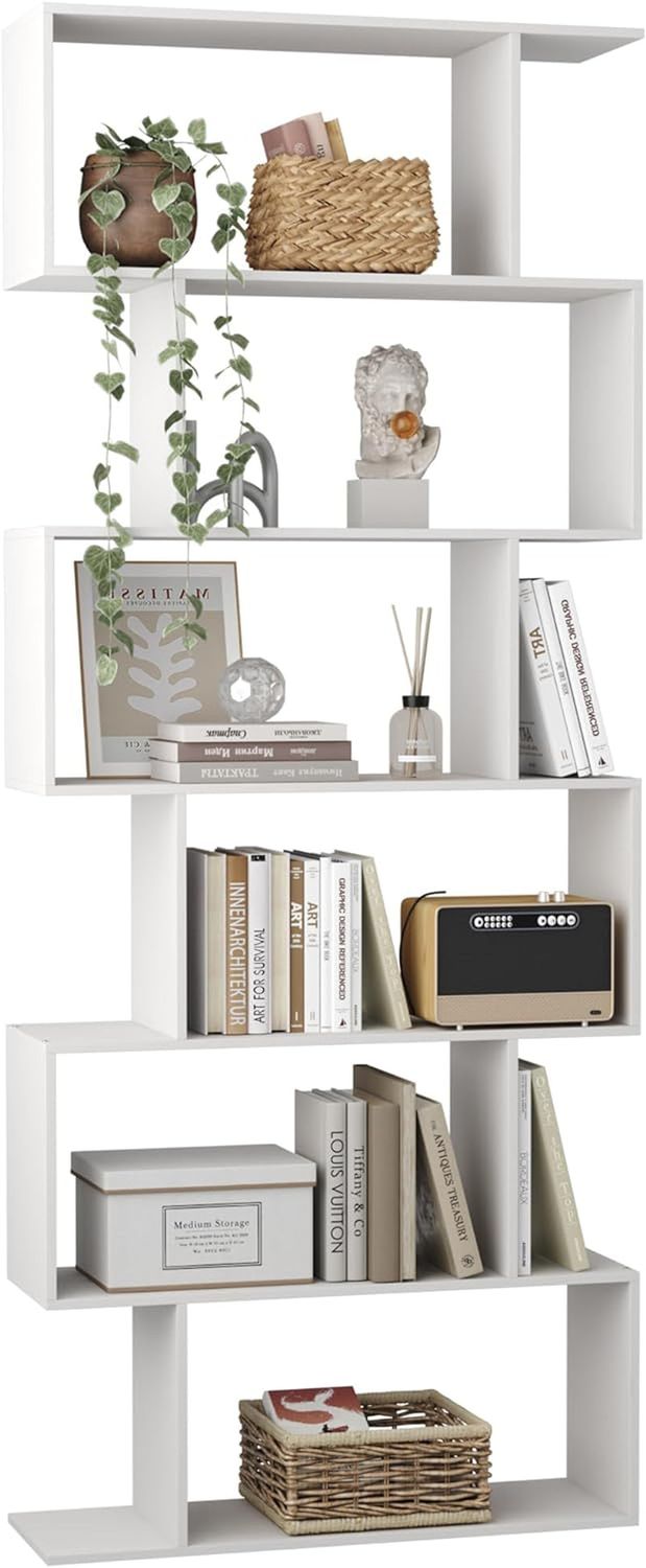 S Shaped Bookshelf, Modern Geometric Bookcase, 6-Tier White Display Case Book Shelf