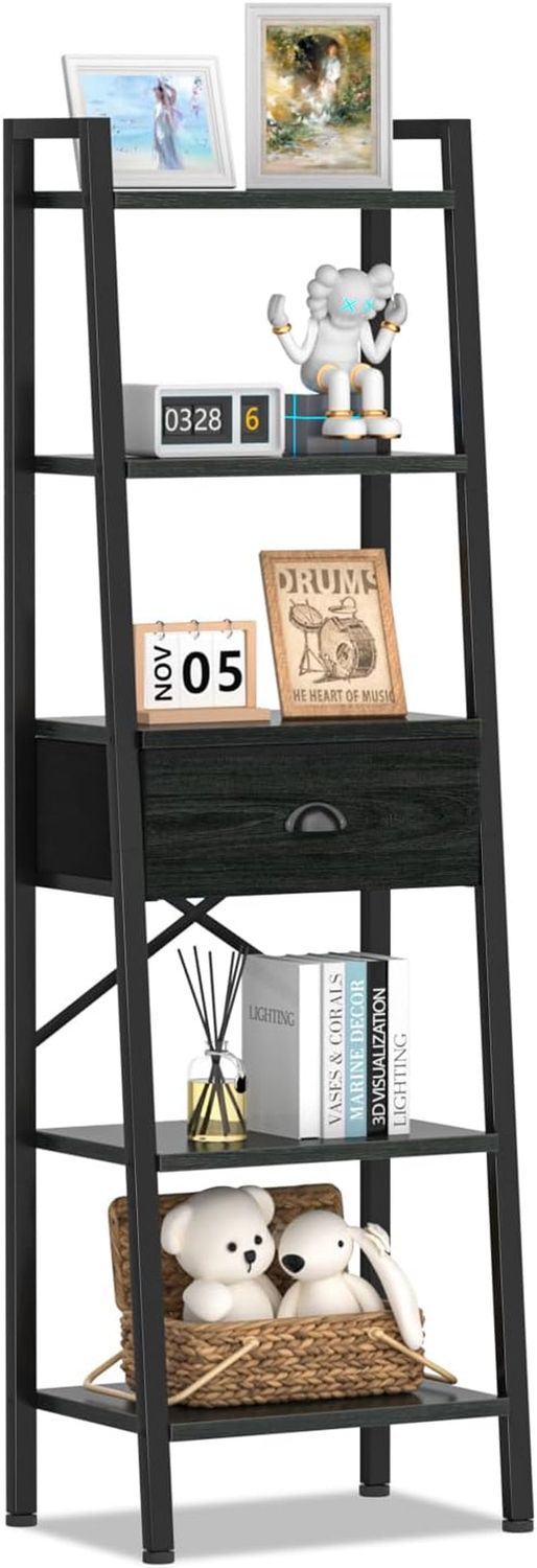 5 Tier Bookshelf, Ladder Shelf with Drawer, Tall and Narrow Bookcase, Storage Shelves Organizer,Industrial Display Standing Units for Home Office,Living Room,Bedroom,Kitchen,Black Oak