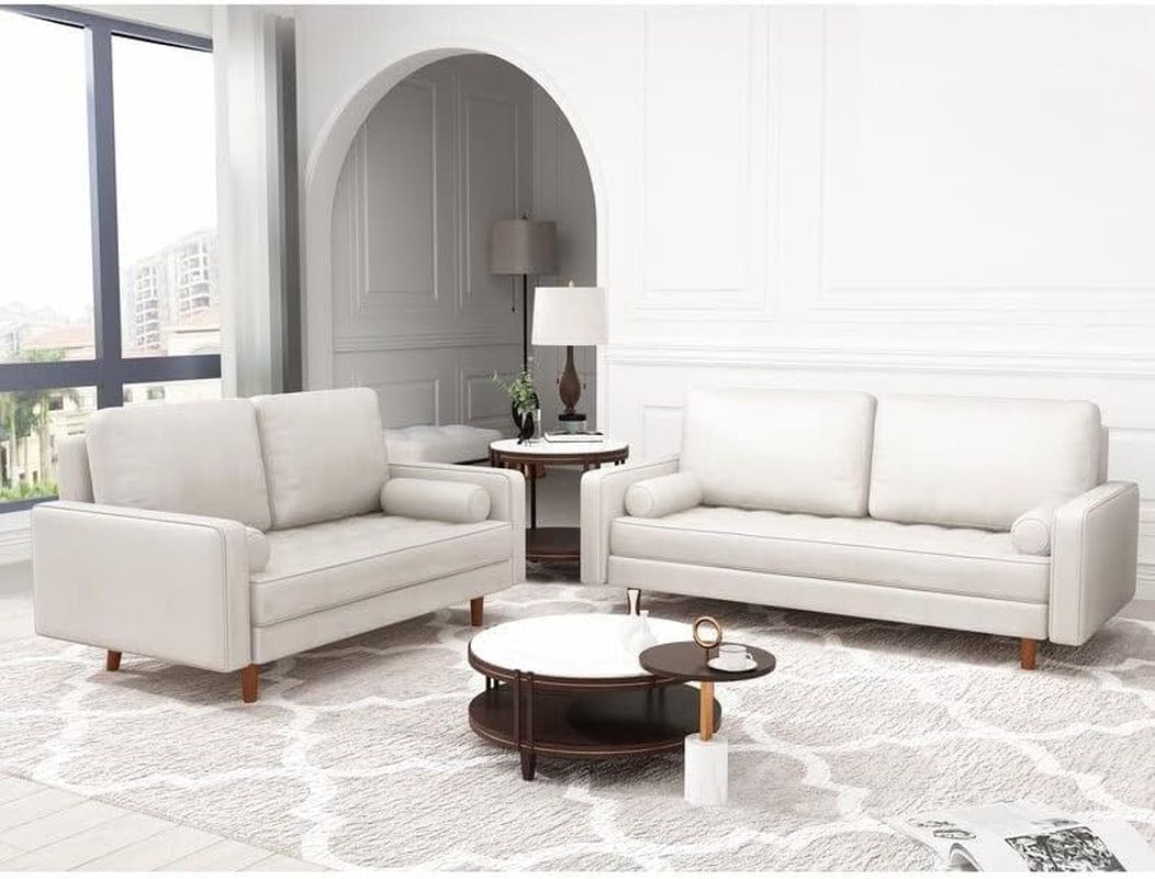2 Piece Mid-Century Square Arm Leather Sofa Living Room Set - Sofa Width:70&quot; &amp;Loveseat Width:58&quot; White