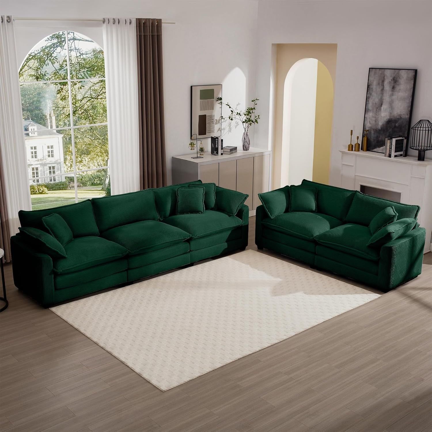 Oversized 2 Piece Sofa Set for Living Room, 3-Seater &amp; Loveseat Couch, Modular Sectional Deep Seat Corduroy Comfy Cloud Couches with 4 Armrest Pillows and 5 Toss Pillows, Green
