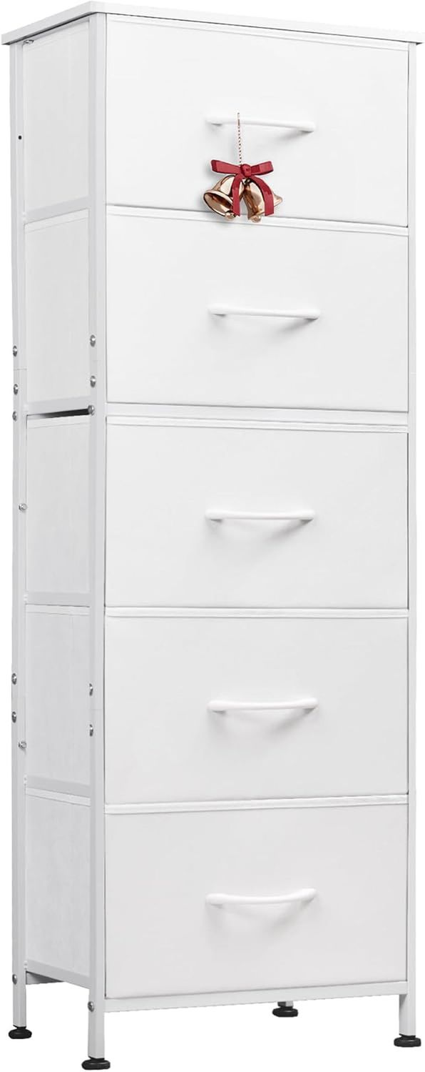 Fabric Dresser, 5-Drawer Tall Dresser for Bedroom, Storage Dresser Organizer with Fabric Bins, Wood Top, Sturdy Steel Frame, Chest of Drawers for Closet, Hallway, White
