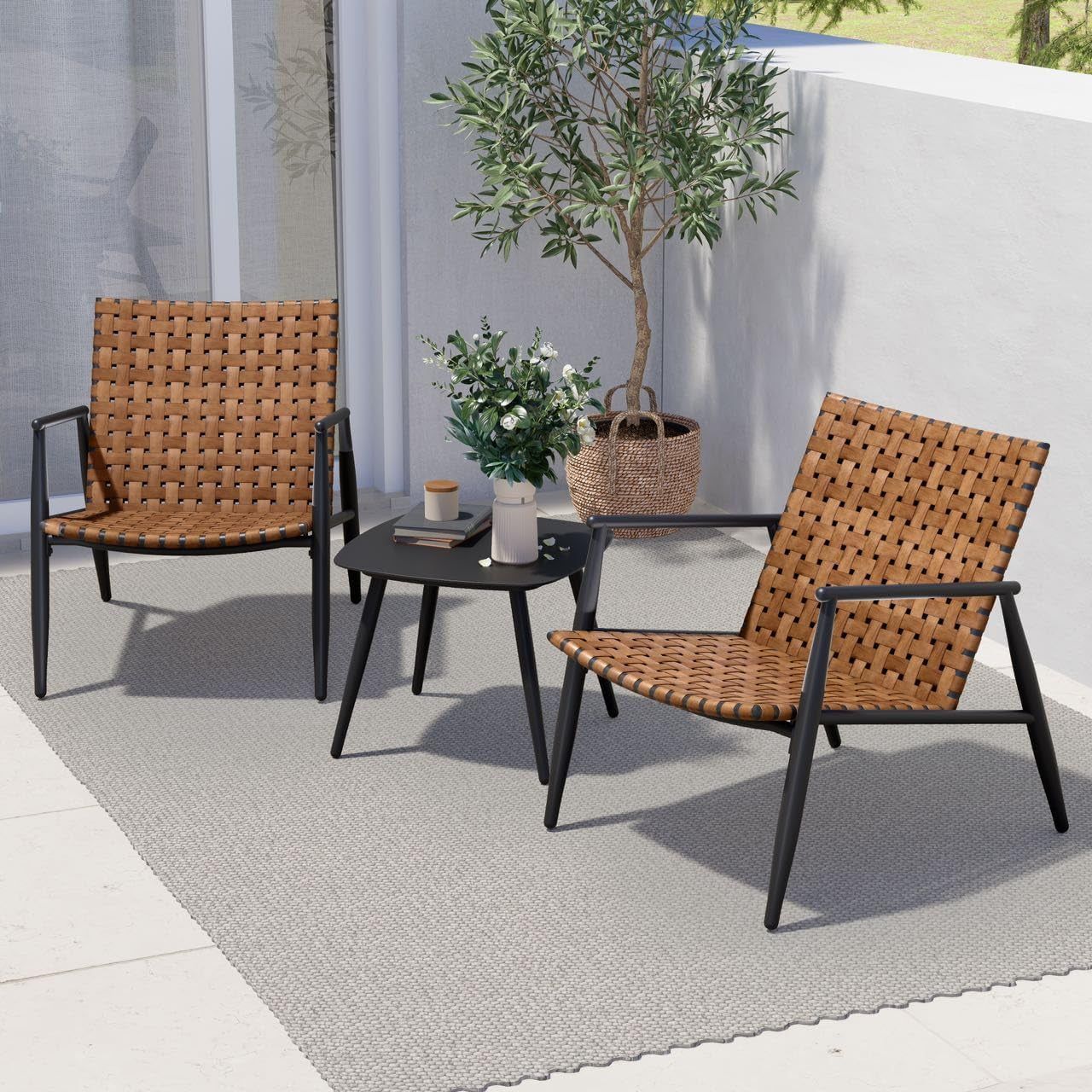 Outdoor Bistro Set 3 Pieces Leather-Look Wicker Patio Chairs Set Powder Coated Aluminum Frame with Outdoor Chairs Set of 2 and Side Table for Garden Backyard Balcony Brown