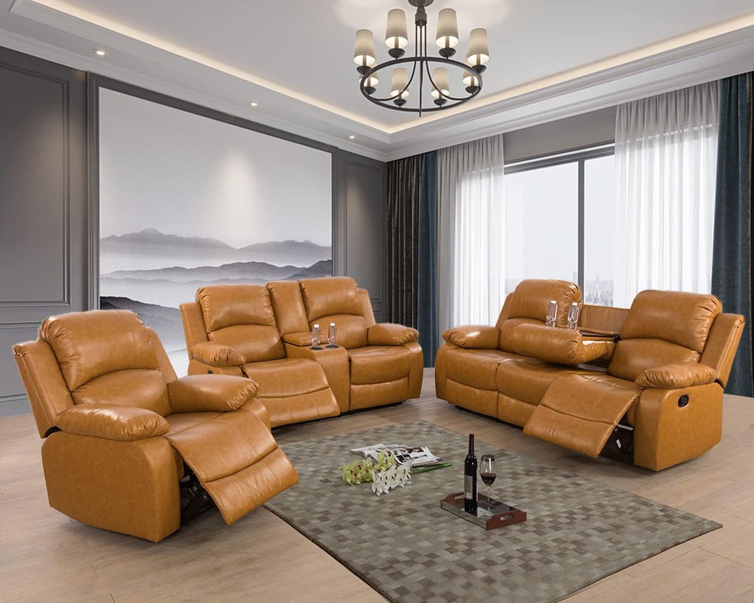 Manual Recliner Sofa Set, Bonded Leather Sofa Set Living Room Furniture, Reclining Sofa Set Leather Recliner Couch with Cup Holder/Storage Console for Living Room (3 Pieces Couch Set,Ginger)