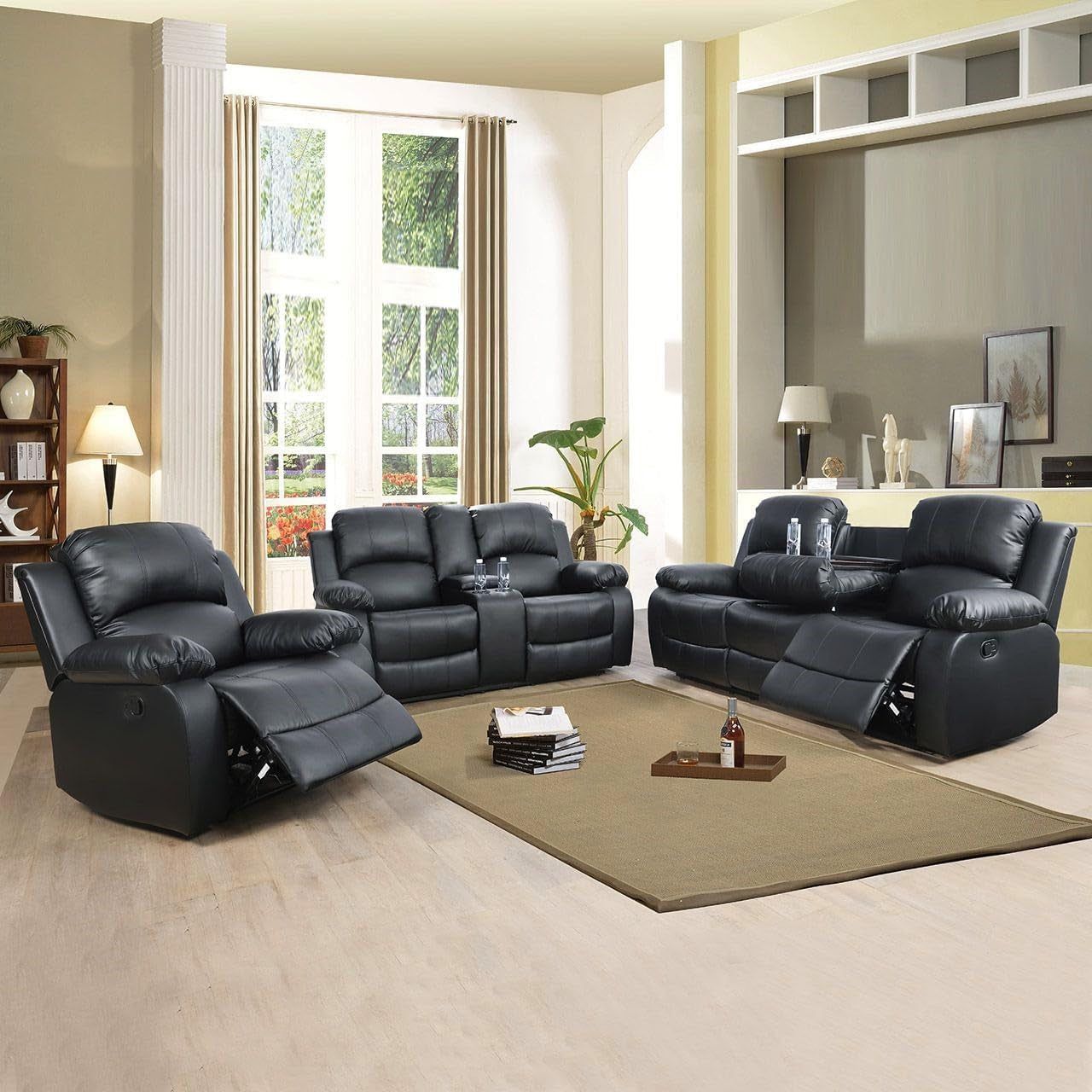 Leather Recliner Sofa Set，Leather Reclining Sofa Set for Living Room Furniture Sets，Black Recliner Couch Set for Living Room/Office/Theater Seating(Sofa Set 3 Pieces)