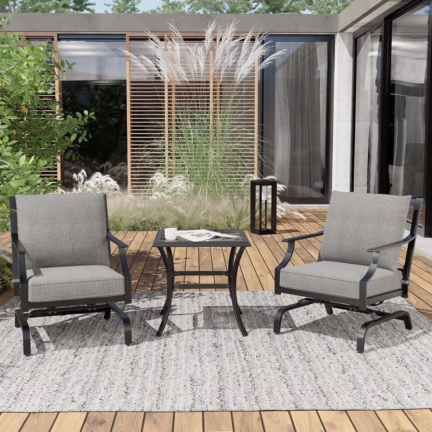 3-Piece Furniture Seating Motion Chairs Set Outdoor Bistro Set Patio Conversation Sets Glider Rocking Chair with Comfortable Gray Cushions Square Coffee Table for Garden Lawn &amp; Poolside