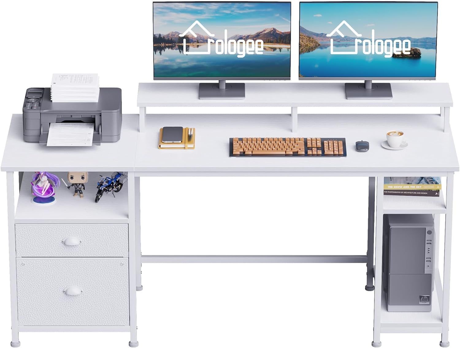 61&#39;&#39; Computer Desk with Fabric File Cabinet &amp; Drawer, Reversible White Storage Shelf, Office Long Monitor Stand, Writting Workstation, for Home/Office/Bedroom, 61In NO Outlets