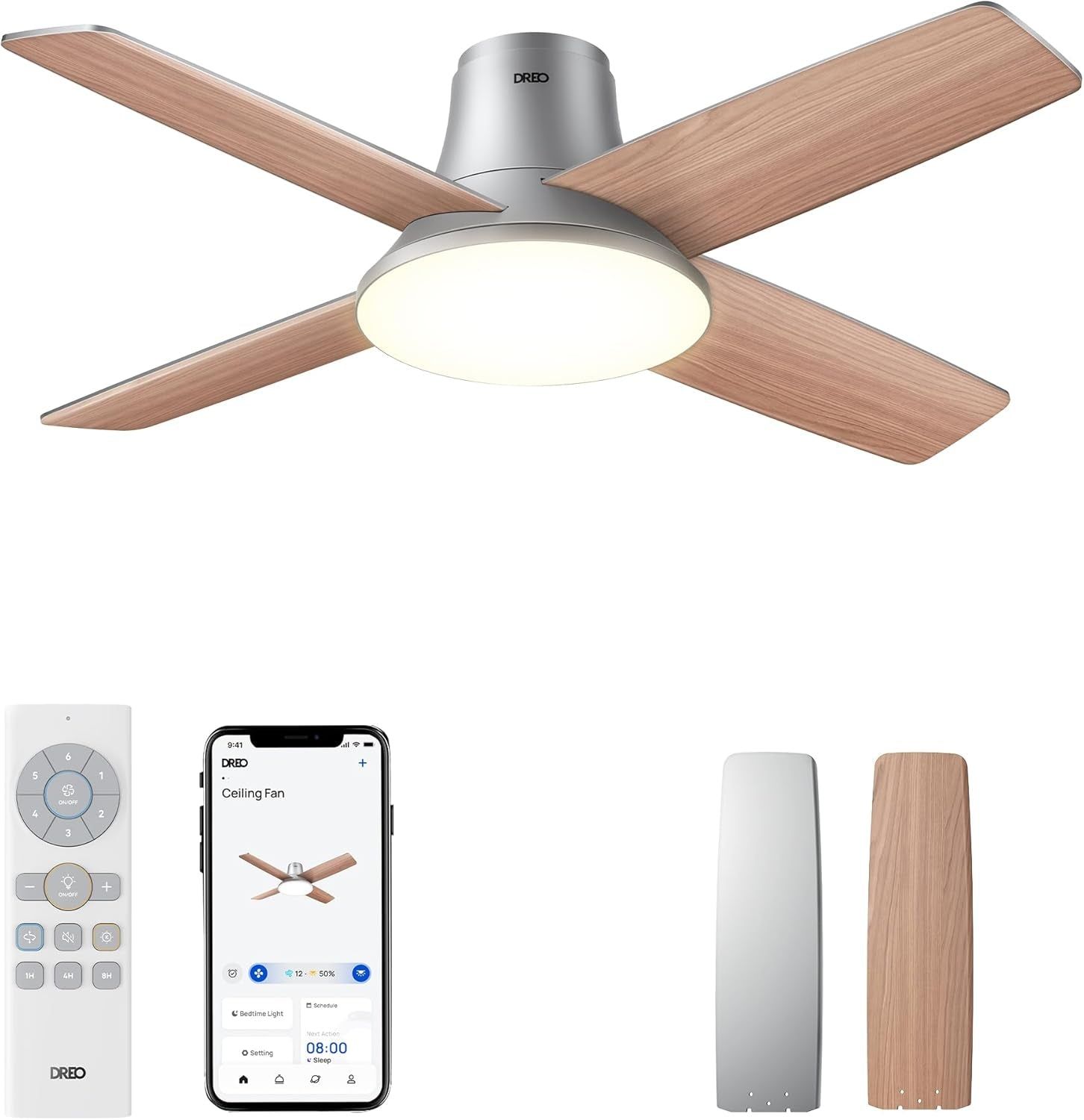 Ceiling Fans with Lights, 12 Speeds &amp; 3 Fan Modes, Quiet DC Motor, Low Profile Easy to Install, Flush Mount Smart Ceiling Fan with Dimmable LED, 12H Timer for Bedroom, Remote, Silver, 44&#39;&#39;