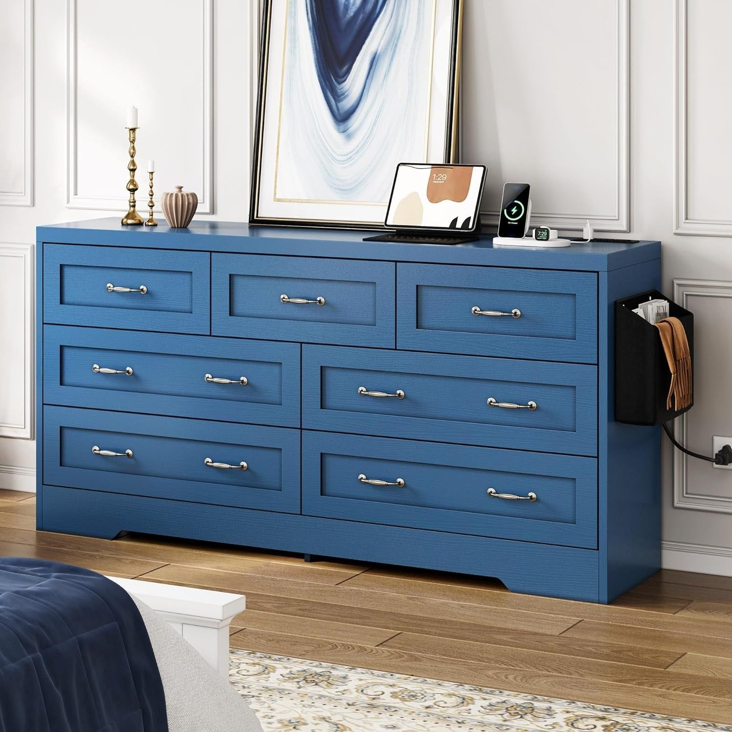 Drawers TV Stand for 65 Inches with Power Outlets -Chest of Drawers Dresser with Side Organizer Bag Entertainment Center TV Console, Blue