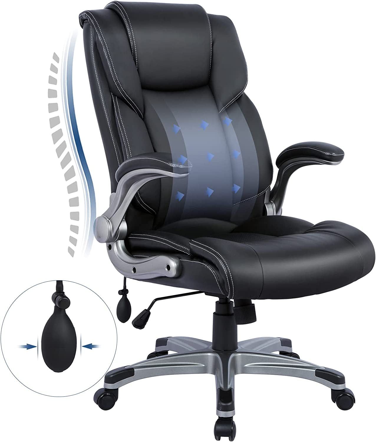 High Back Executive Office Chair- Ergonomic Home Computer Desk Leather Chair with Padded Flip-Up Arms, Adjustable Tilt Lock, Swivel Rolling Chair for Adult Working Study-Black