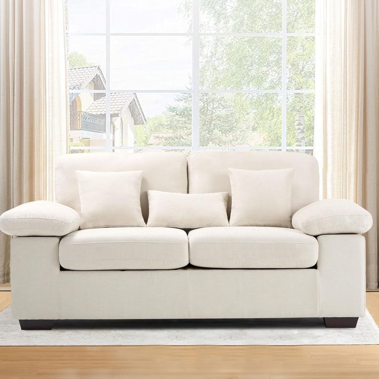 Living Room Loveseat Sofa Couch, 73&quot; Love Seat Couch Sofa, Upholstered Chenille Living Room Sofa with Extra 3 Pillows, Removable Back Cushion-Beige