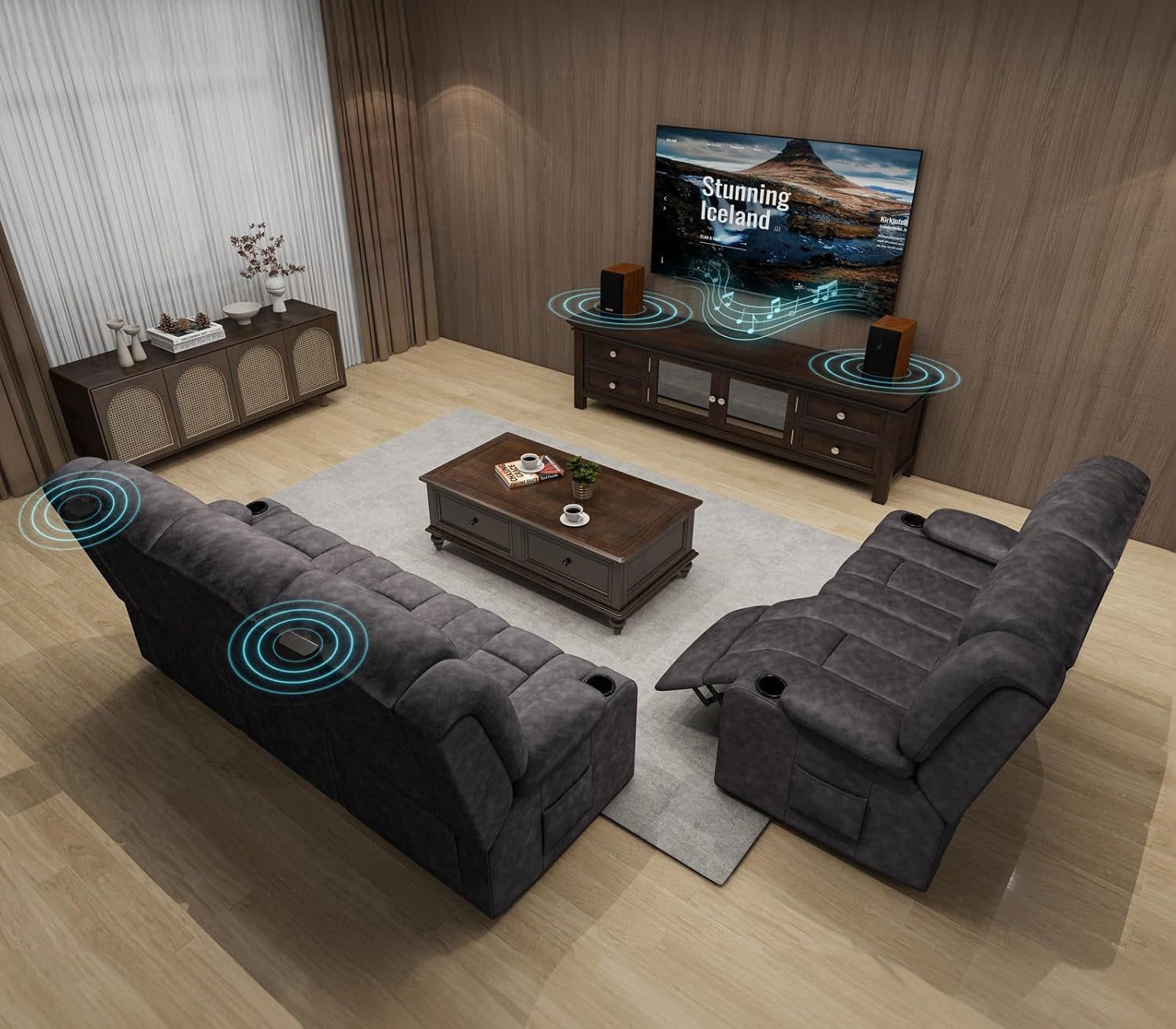 Loveseat Recliner Sofa,Fabric Home Theater Seating Seats,Rv Manual Reclining Chair with Bluetooth Speakers,Living Room Furniture Set