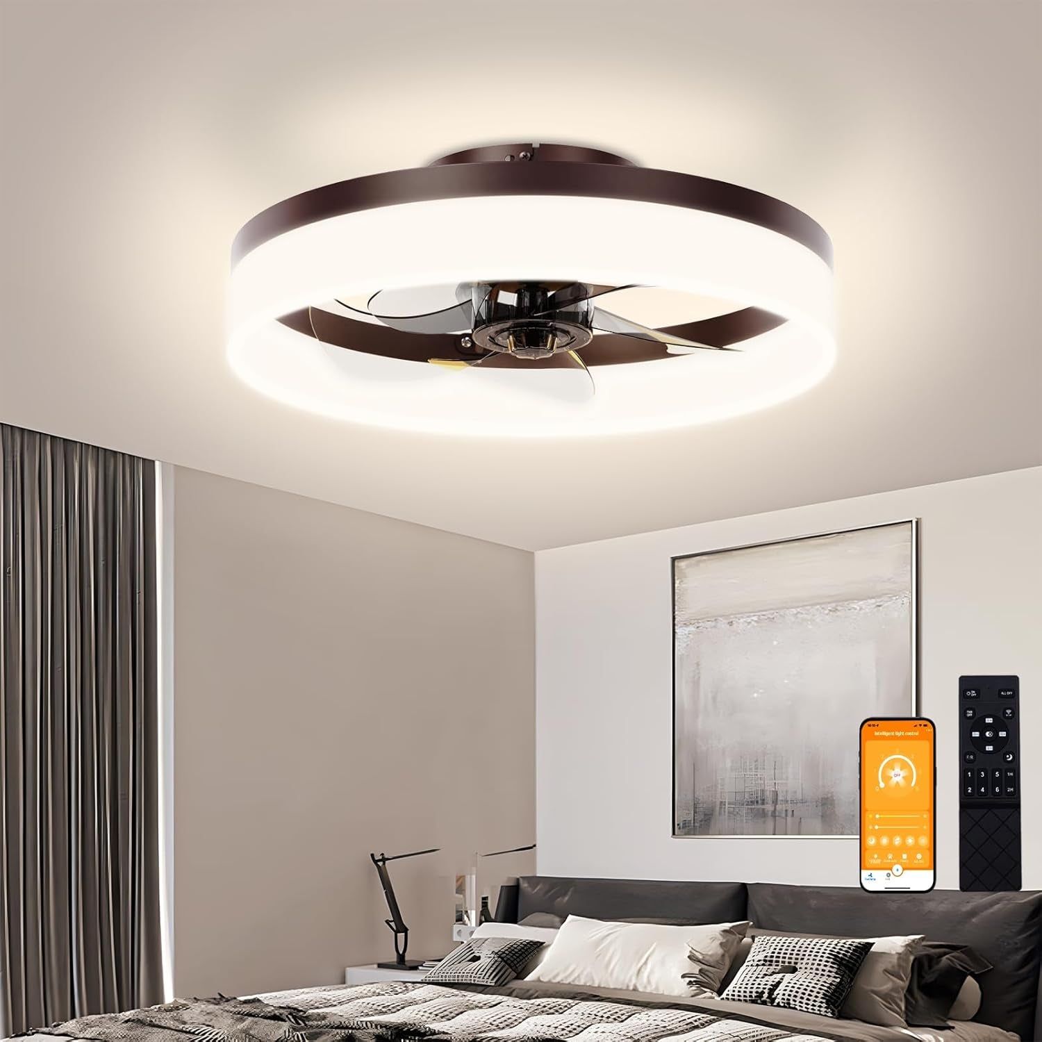 Brown Flush Mount Dimmable Bladeless Fan Light