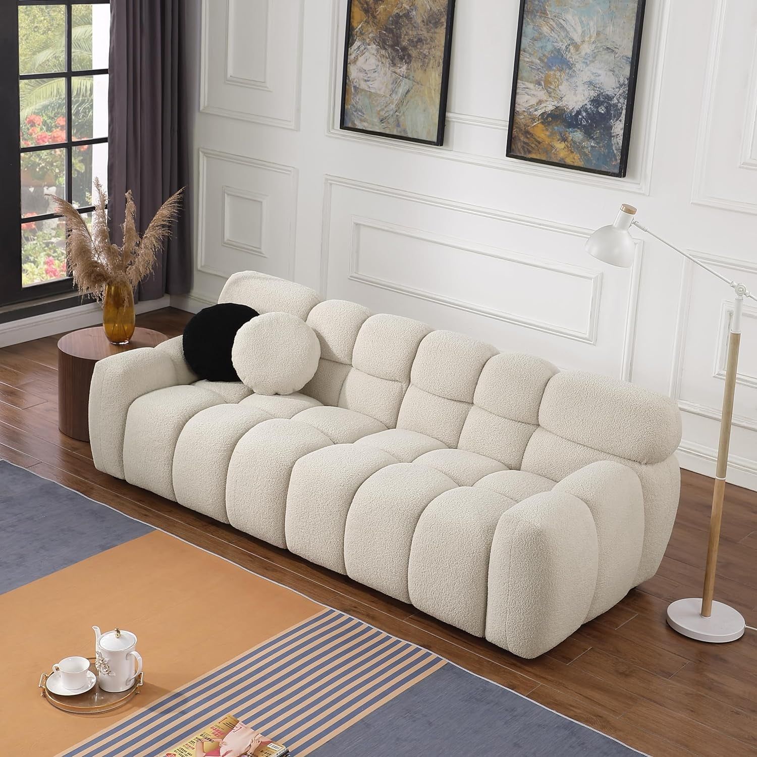 3 Seater Teddy Fleece Boucle Upholstered Loveseat Sofa Clouch Couch, Minimalist Style Marshmallow Deep-Seat Cloud Modular Couch with Thicked Cushions and Decor Pillows for Living Room, Bedroom