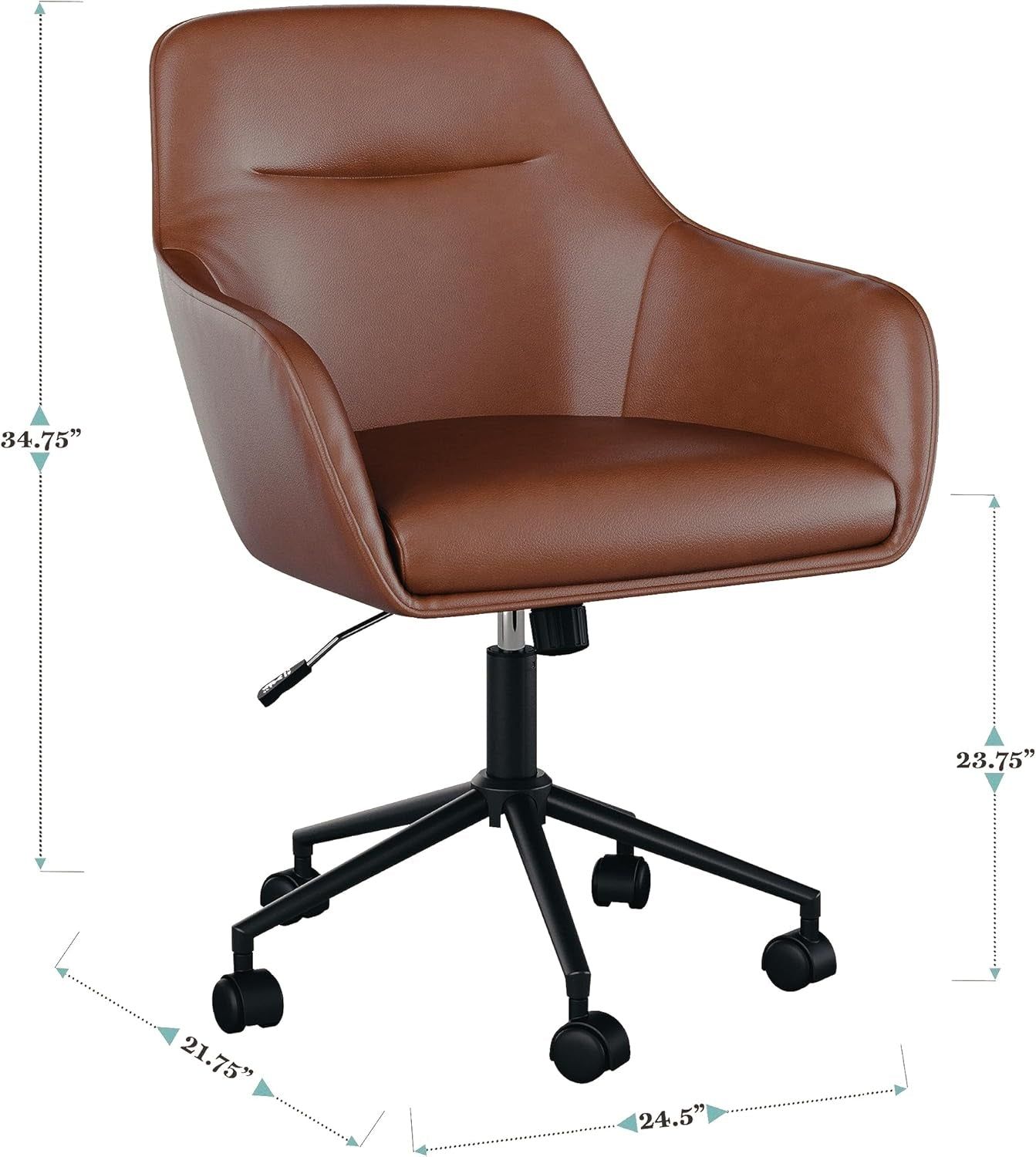 Rayna Swivel Task Chair with Flared Arms for Home Office in Saddle Brown Faux Leather with Oil Rubbed Bronze Frame