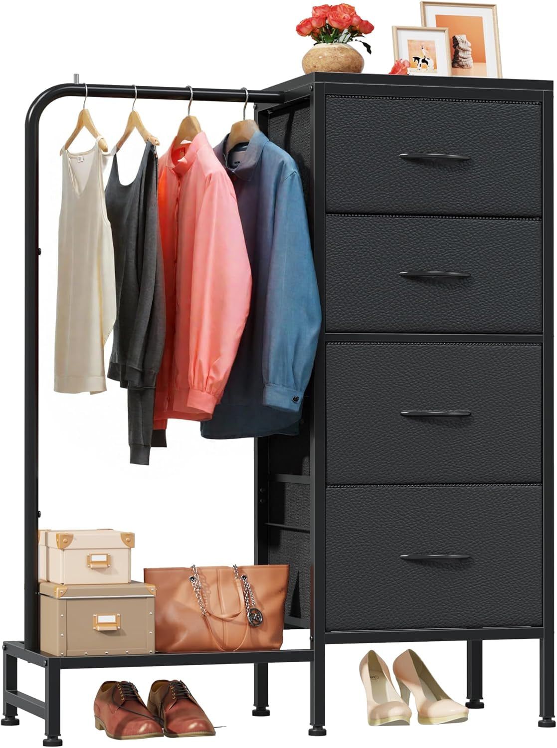 Dresser with Hanging Rack, 4 Drawers Small Dresser for Bedroom, Reversable Fabric Kids Dresser for Closet with Clothes Rack, Tall Chest of Drawers, Sturdy Frame, Black, 44&#39;&#39;H
