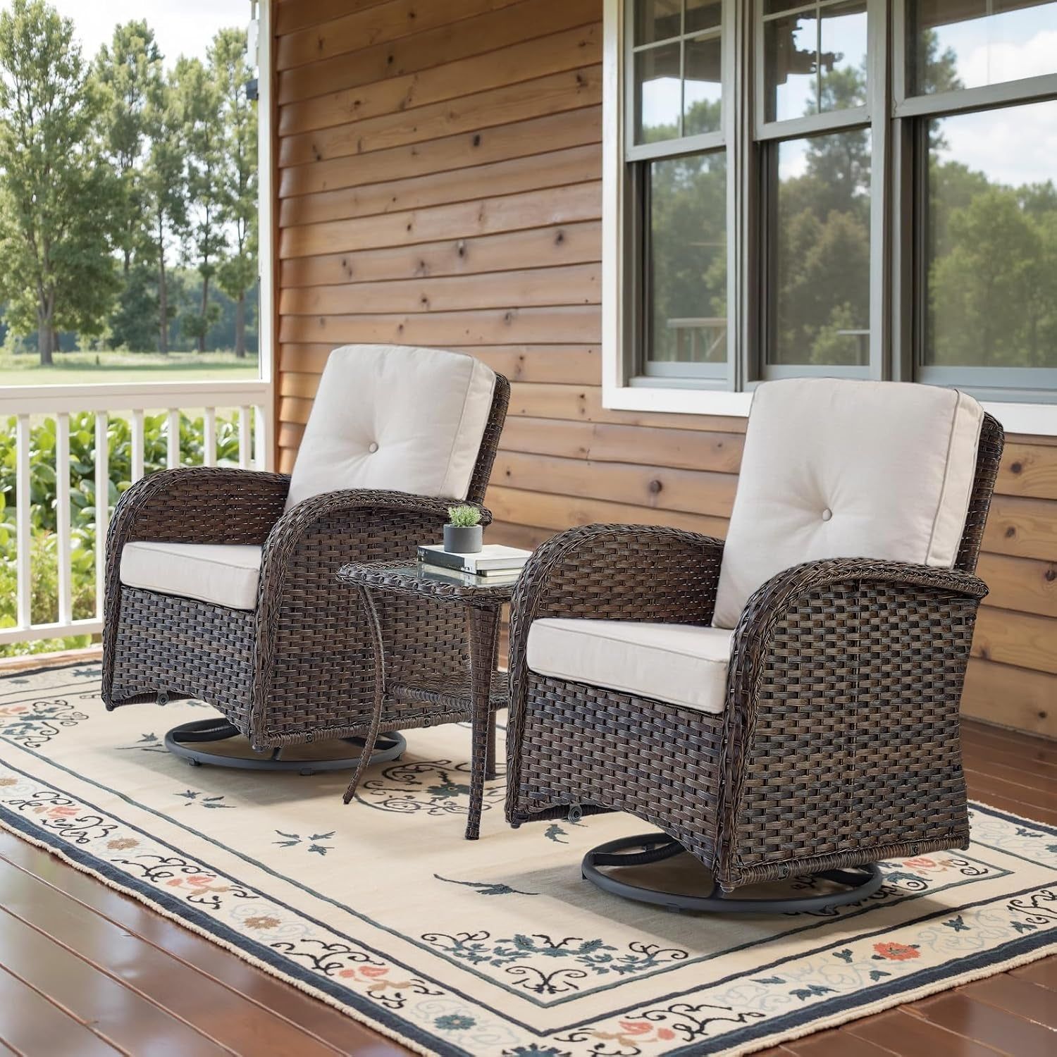 Patio Wicker Chairs Swivel Rocker Outdoor Swivel Rocking Chairs Set of 2 with Rattan Side Table Patio Swivel Glider Chair 3 Piece Patio Furniture Sets for Porch Pool Brown/Beige, (A085-2)