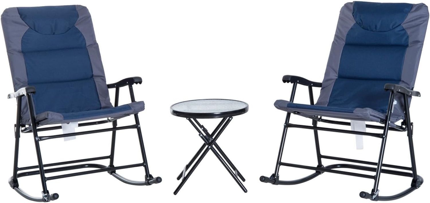 3 Piece Outdoor Patio Furniture Set with Glass Coffee Table &amp; 2 Folding Padded Rocking Chairs, Bistro Style for Porch, Camping, Balcony, Navy Blue