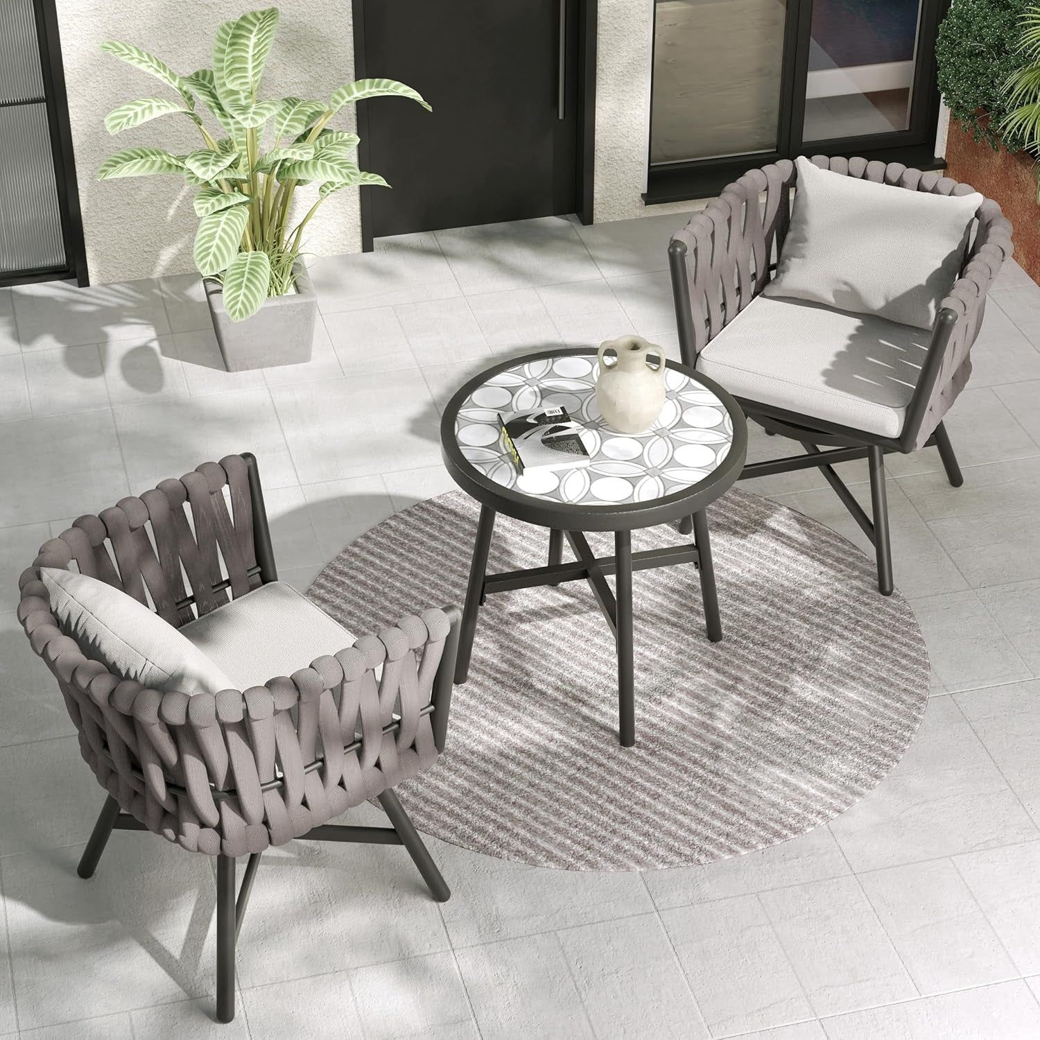 Dining Chair Set of 3, Swivel Rope Armchairs with Cushions and round Side Table with Tile Tabletop, Wicker, Indoor Outdoor Modern Style, Backyard, Balcony, Gray