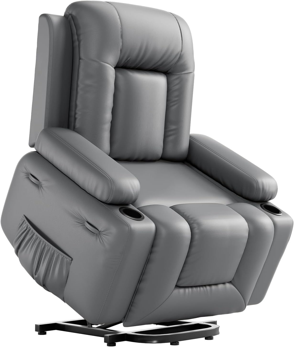 Power Lift Recliner Chair PU Leather with Massage for Elderly Ergonomic Lounge Chair Classic Single Sofa with 2 Cup Holders Side Pocket (Gray, 22&quot; Seat Width + Cup Holder)