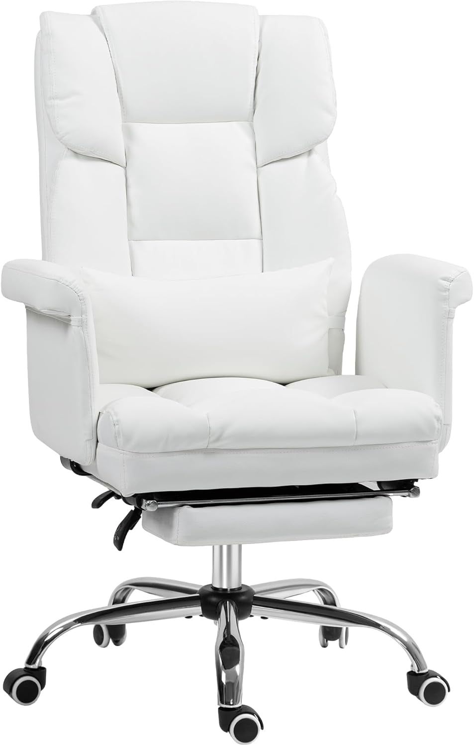 Executive Office Chair with Footrest and Lumbar Support, PU Leather Ergonomic Office Desk Chair, Reclining and Swivel Chair, White