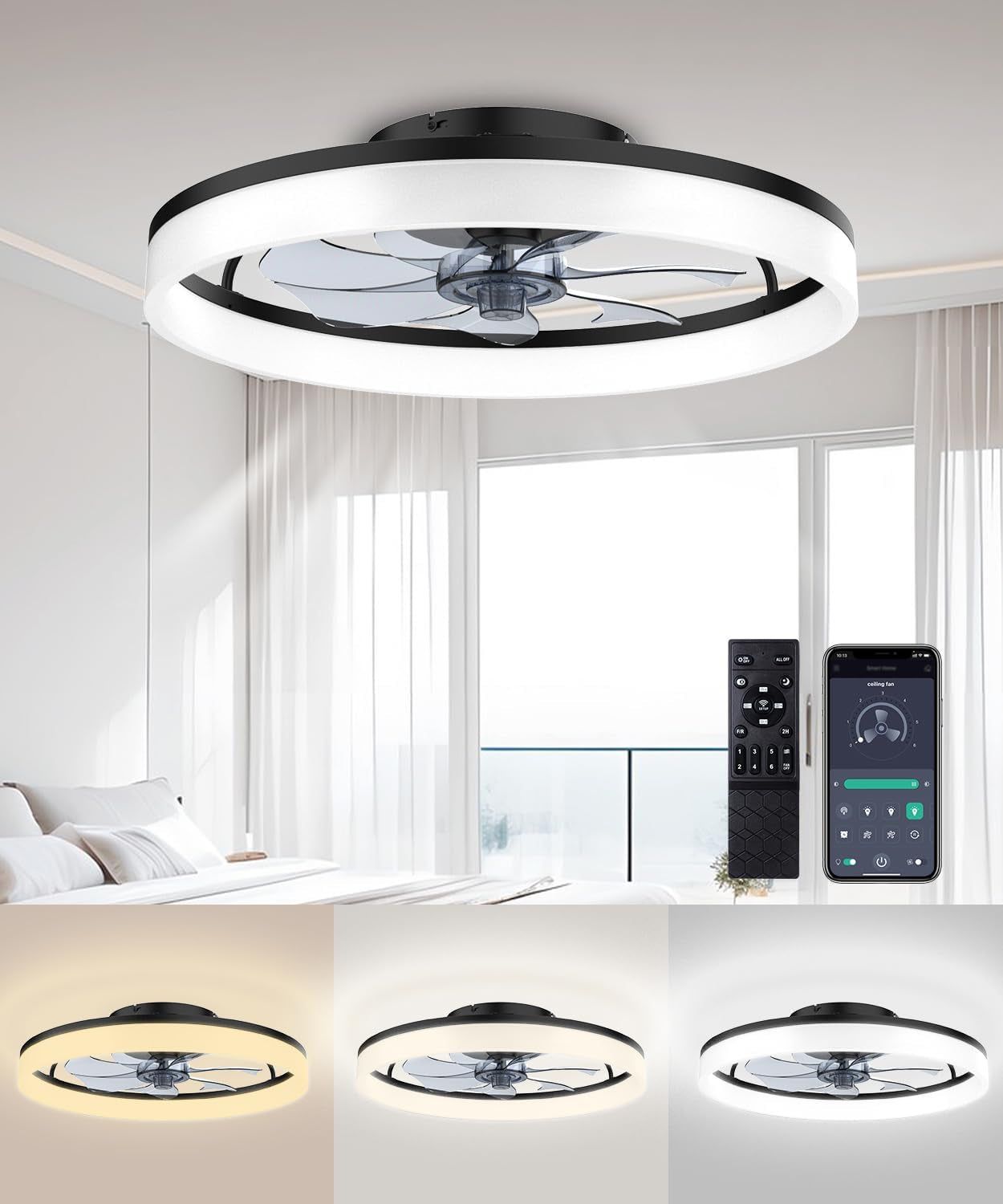 Ceiling Fans with Lights and Remote, 20&quot; Fandelier Ceiling Fan Flush Mount, 3000K-6500K Smart Bladeless LED Fan Light, Modern Low Profile Ceiling Fan with Light for Bedroom, Kids Room and Living Room.