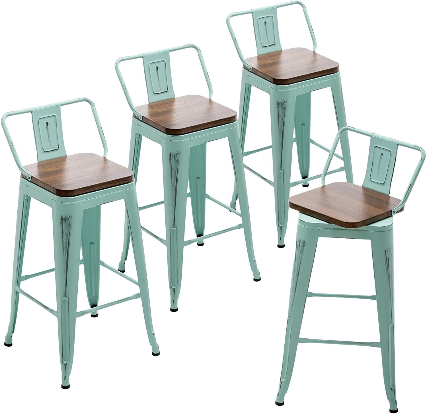 Blue Industrial Metal Swivel Barstools, Set of 4