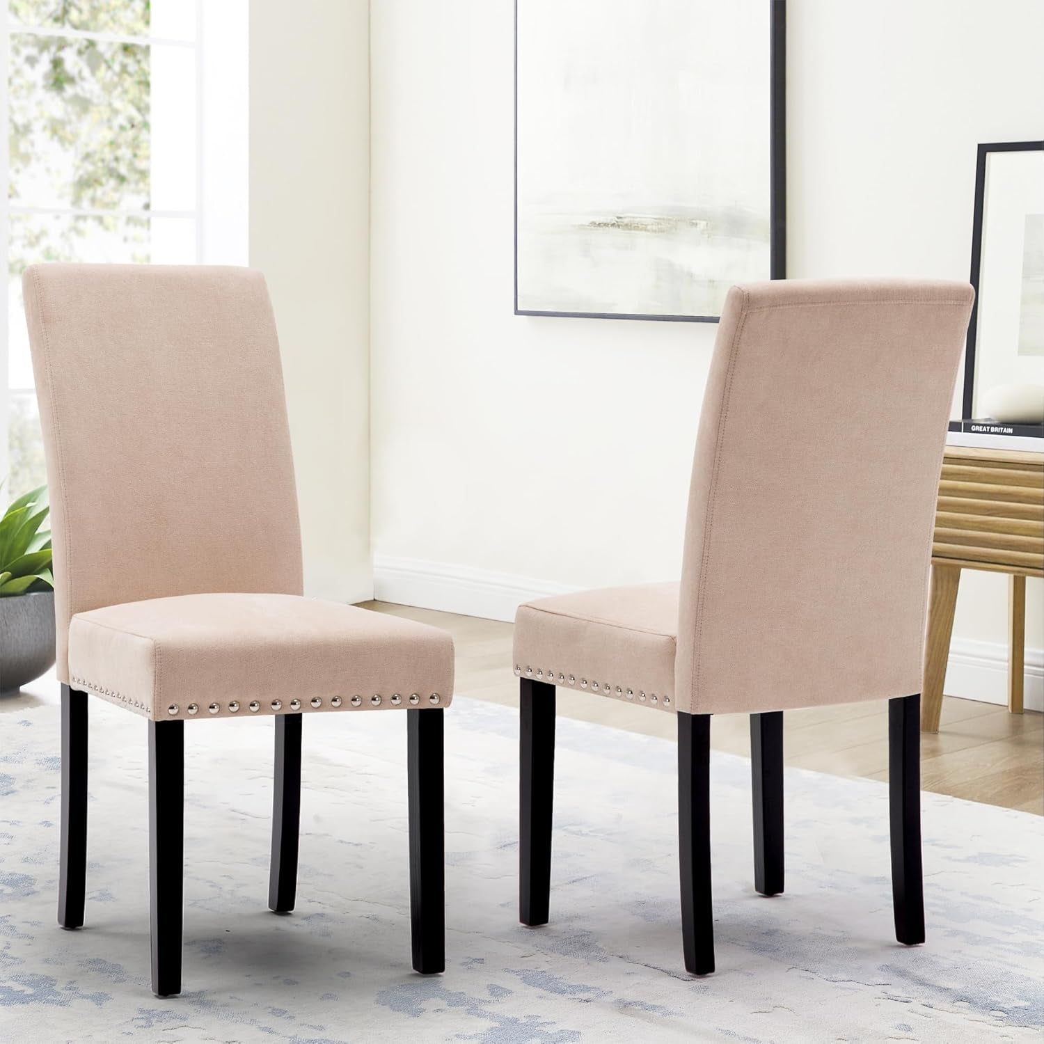 Dining Chair Upholstered Fabric Dining Chairs with Copper Nails,Set of 2,Beige