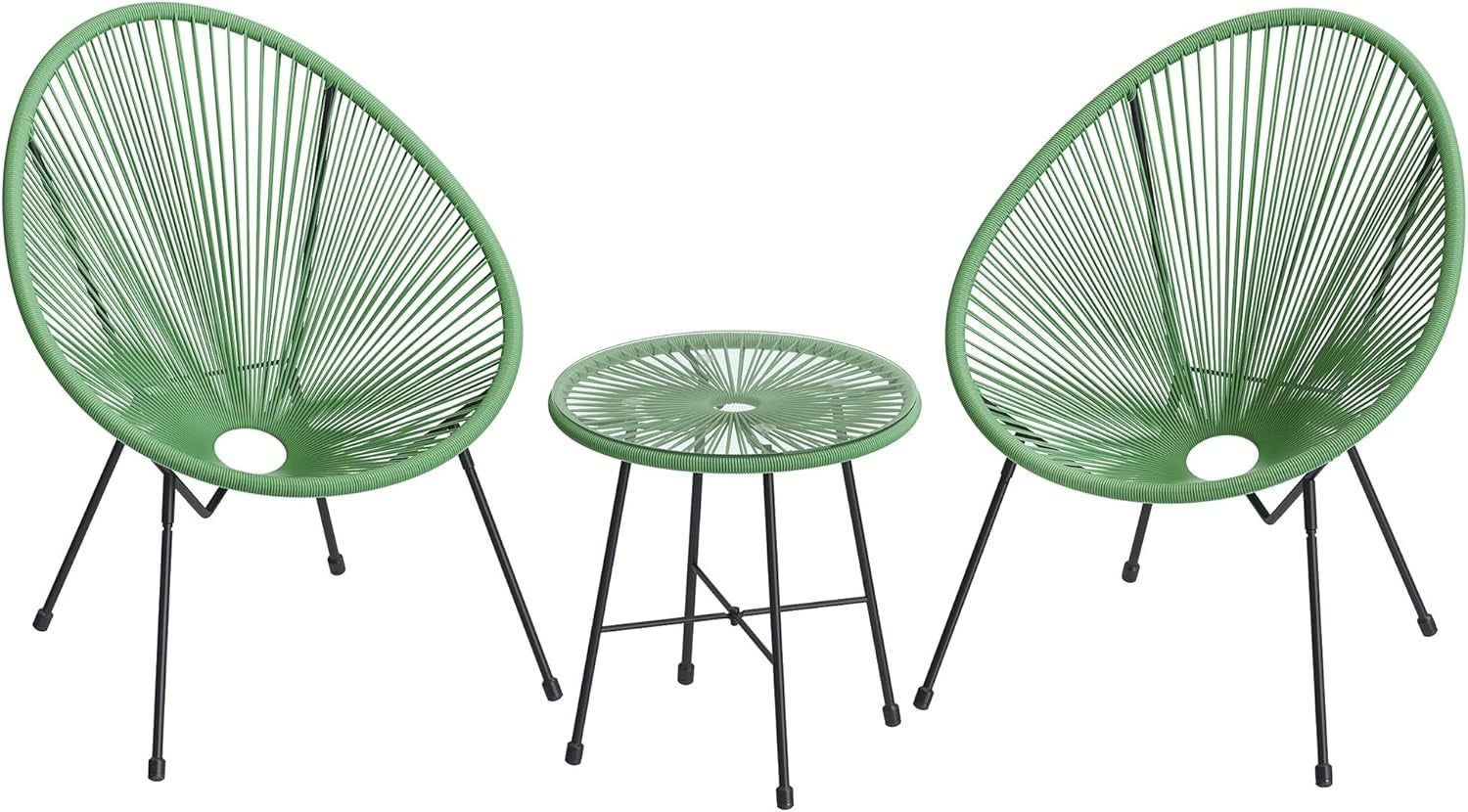 3-Piece Outdoor Seating Acapulco Chair, Modern Patio Furniture Set, Glass Top Table and 2 Chairs, Indoor and Outdoor Conversation Bistro Set, Light Green UGGF011C01