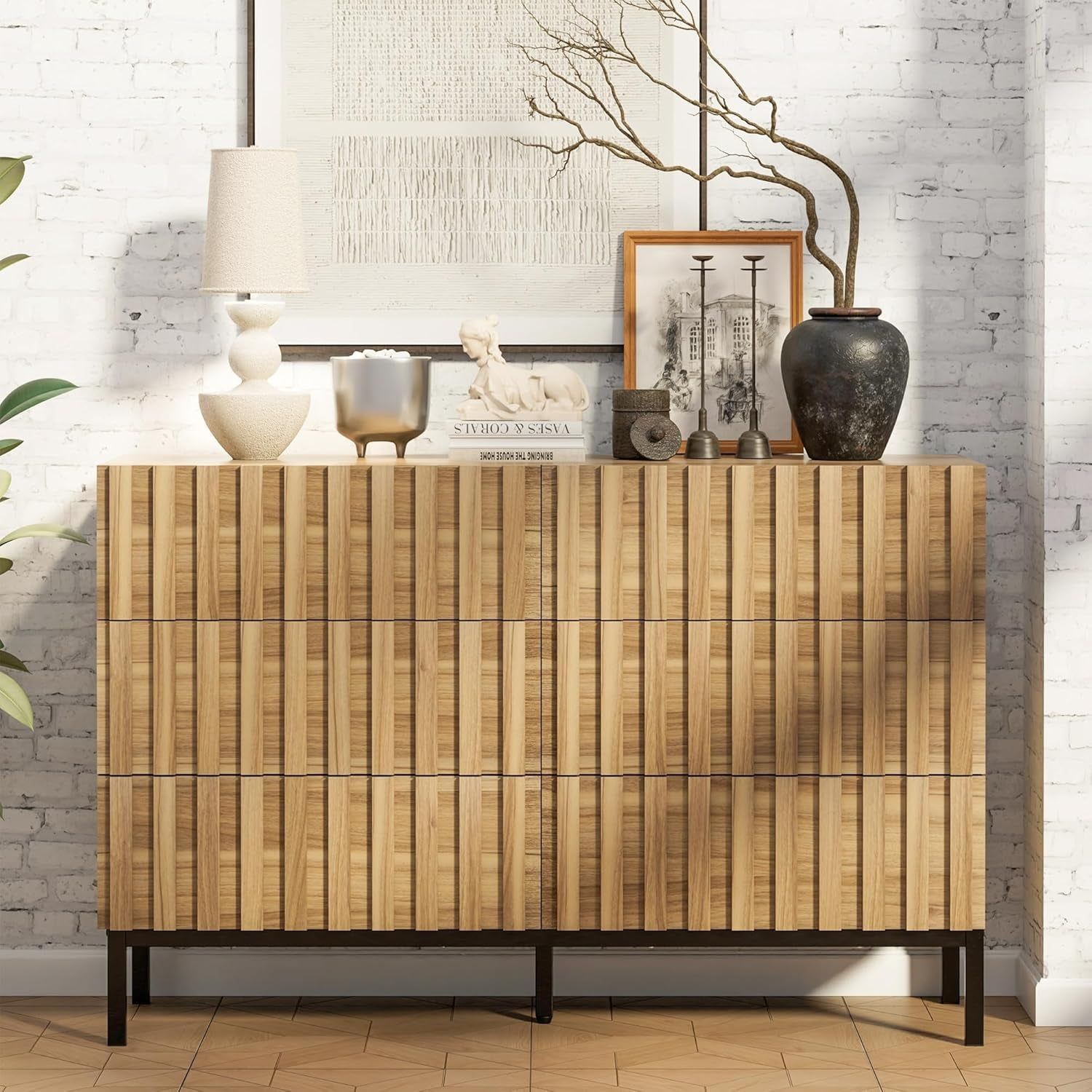 Fluted 6 Drawer Dresser with Metal Stand, Mid Century Modern Dresser,Wood Dresser for Bedroom,Accent Chest of Drawers for Bedroom,Living Room,Hallway