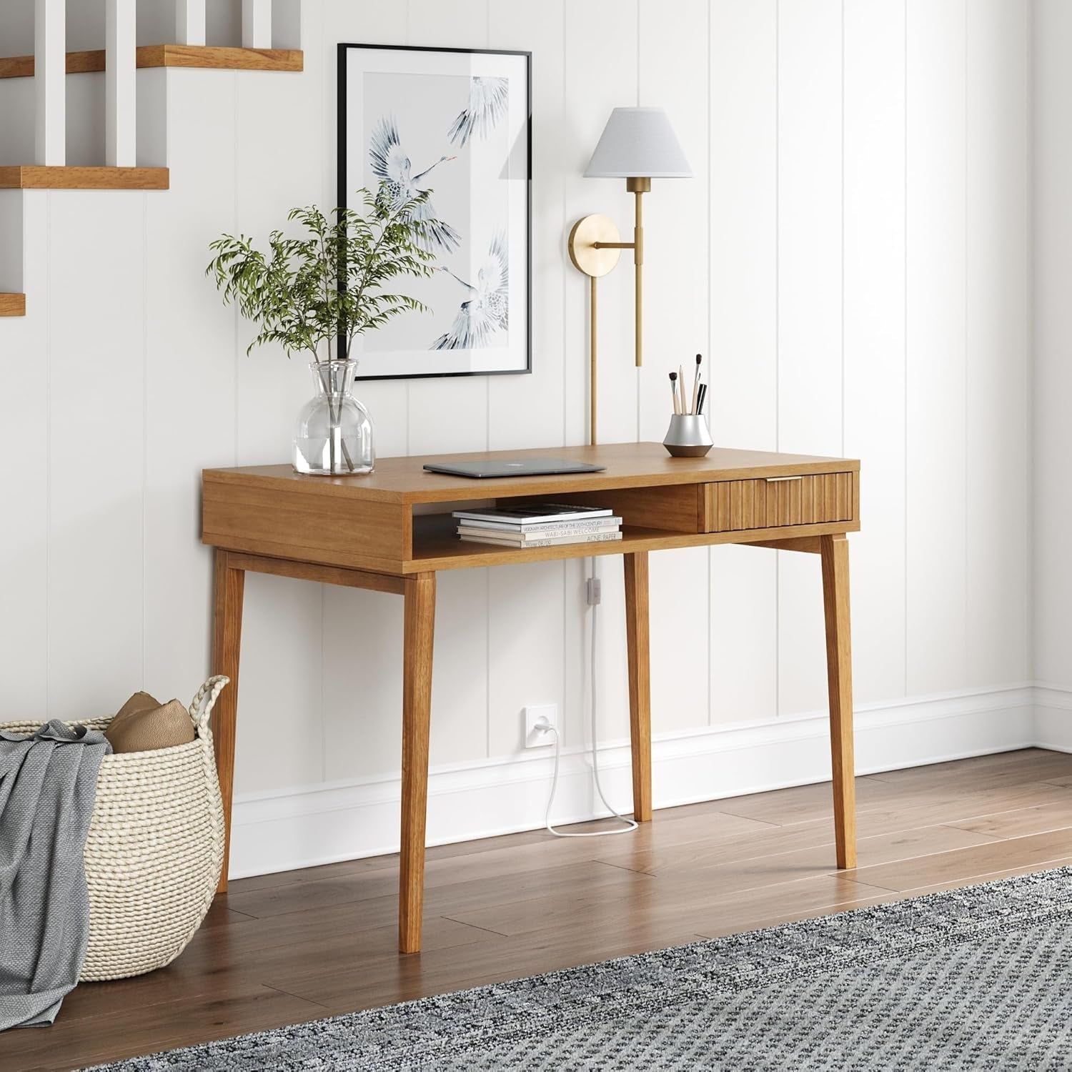 Jasper Small Home Office Desk with Storage, Bohemian Writing Desk with Drawer and Open Cubby, Natural Brown