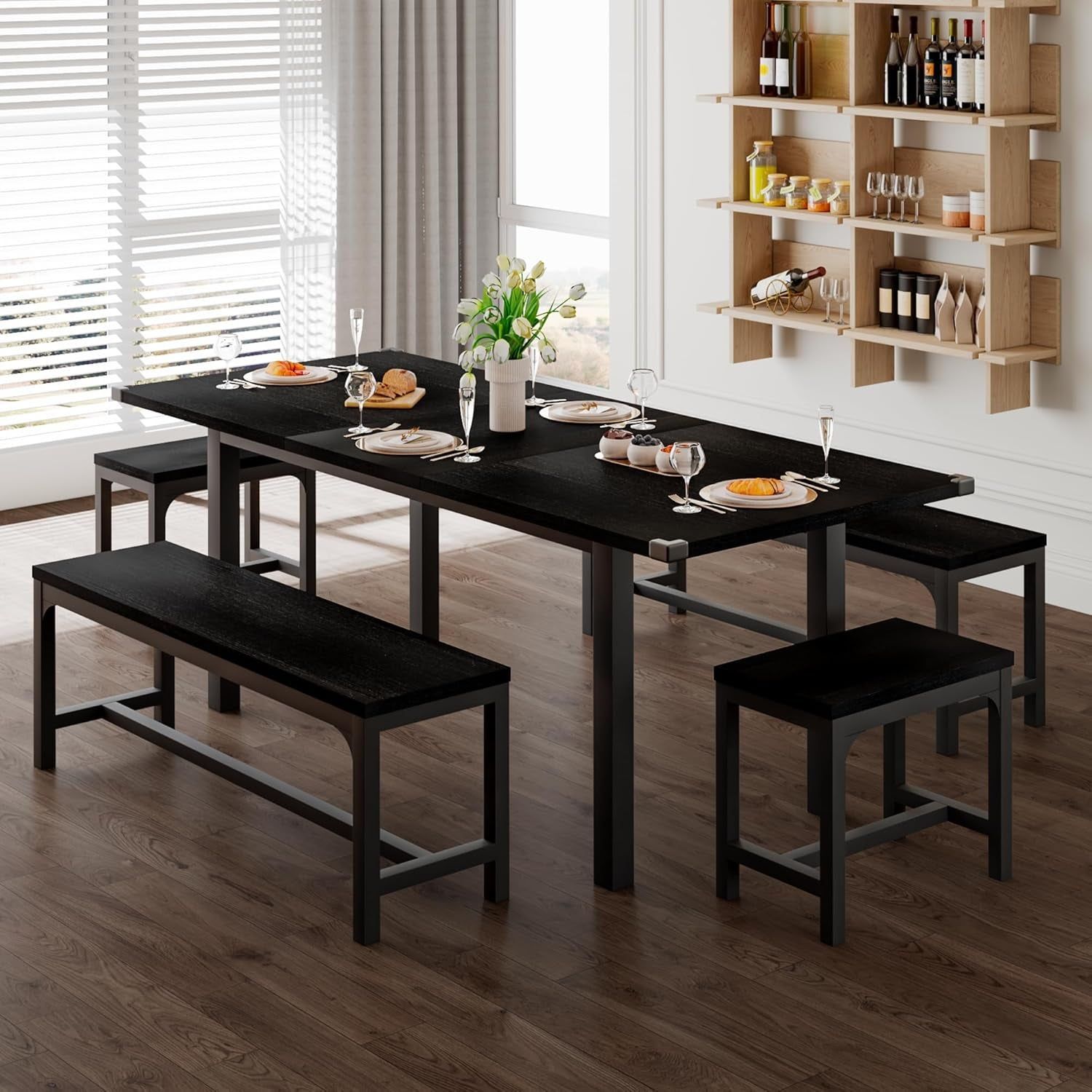 5-Piece Dining Table Set for 4-8 People, 63&quot; Large Extendable Kitchen Table Set with 2 Benches and 2 Square Stools, Dining Room Table with MDF Wood Board, Easy Assembly, Black