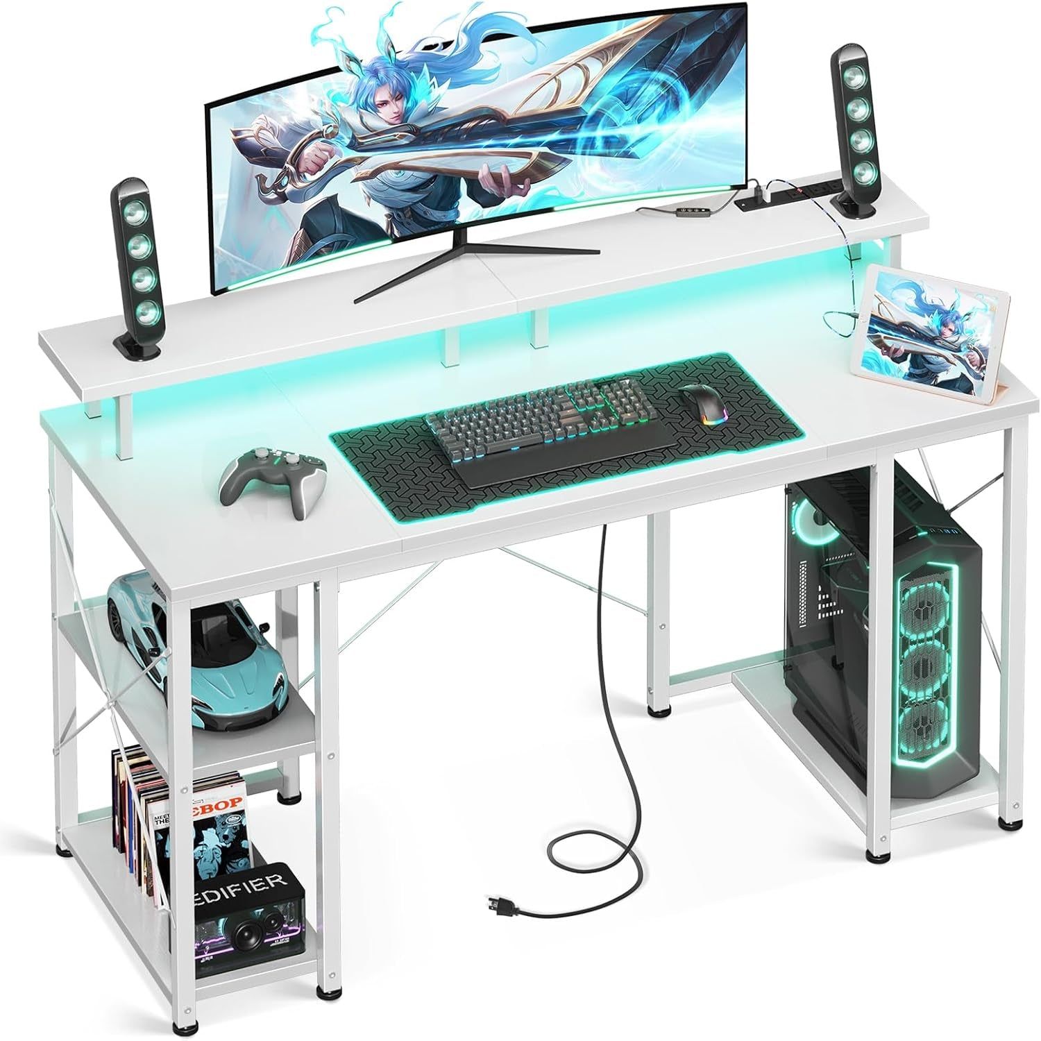 48 Inch Gaming Desk with LED Lights &amp; Power Outlets, Computer Desk with Monitor Stand &amp; Storage Sheves, CPU Stand, Home Office Desk, White
