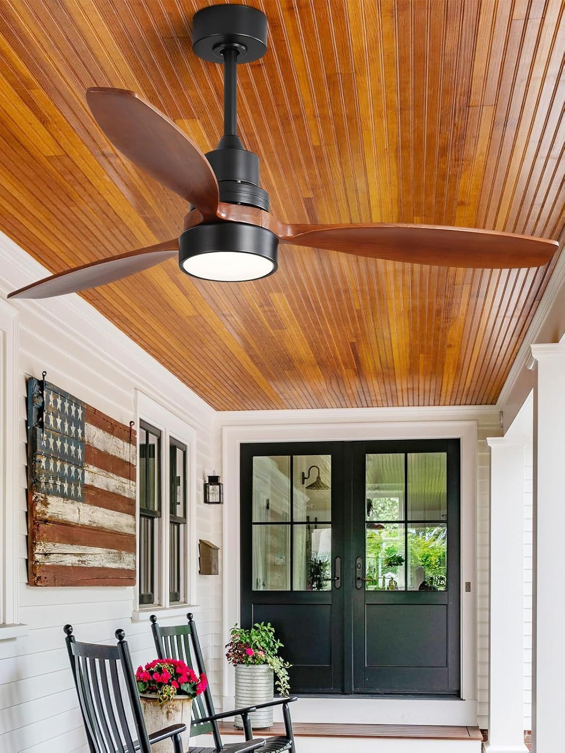 Ceiling Fan with Lights, 52 Inch Low Profile Flush Mount Mordern Wood Ceiling Fan with Remote for Indoor Farmhouse Bedroom Living Room Outdoor Patio Porch, Reversible DC Motor, Noiseless