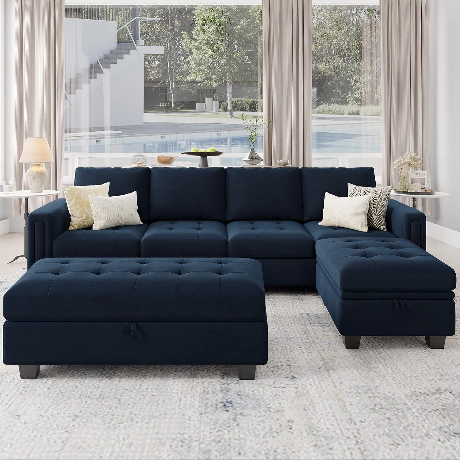 Velvet Convertible 4-Seat Sectional Sofa with Reversible Chaise L Shaped Sofa Couch Furniture Sets Sectional Couch with Storage Ottoman Blue