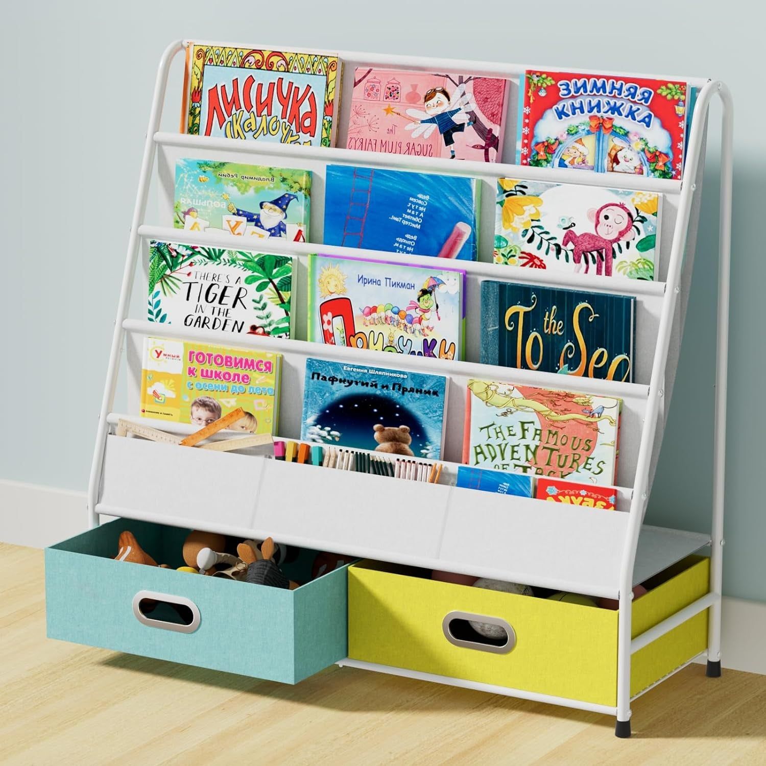 Kids Bookshelf - 4 Tier Small Bookcase for Kids Room, Metal Nursery Book Shelf, Sling Book Shelf and Toy Storage for Children, Idea Gifts for Boys and Girls
