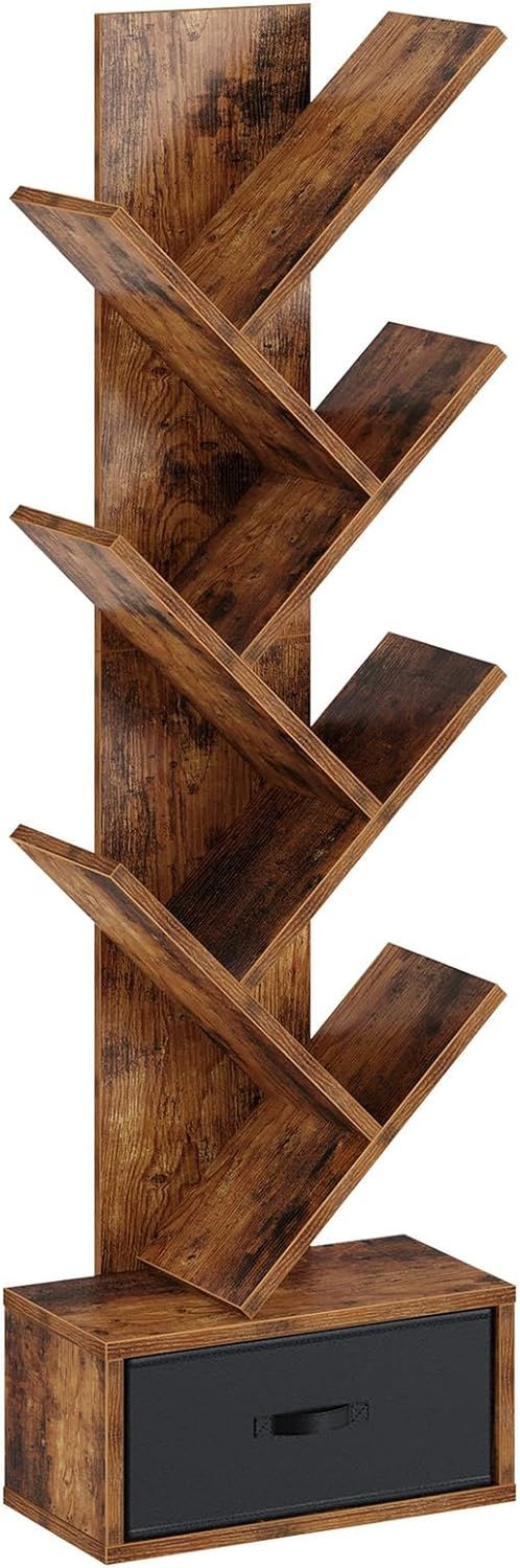 Bookshelf with Drawer, 7 Shelf Tree Bookshelf, Wooden Bookshelves Storage Rack for Cds/Movies/Books, Rustic Brown Bookcase, Utility Organizer Shelves for Living Room, Bedroom